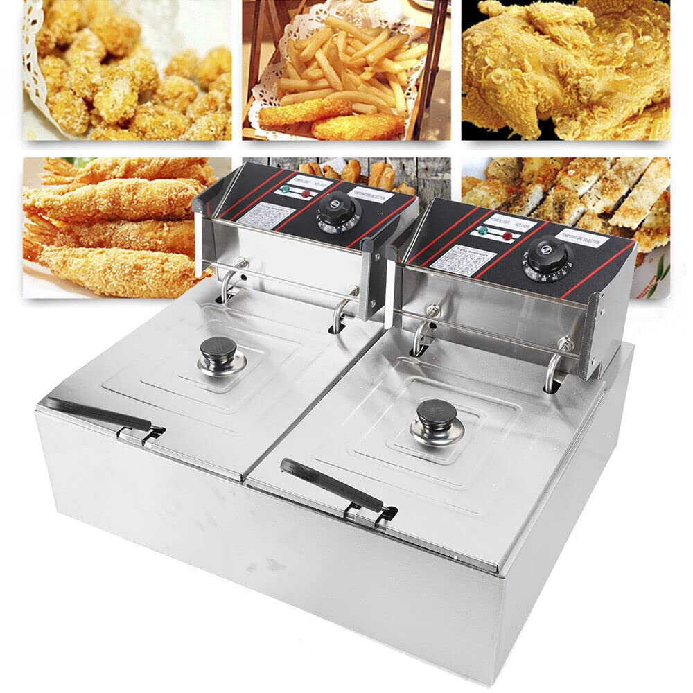 Freidora eléctrica de 12 litros doble mejor restaurante freidora comercial y tiempo ajustable de acero inoxidable para arandelas de cebolla pollo frito snack-Bars