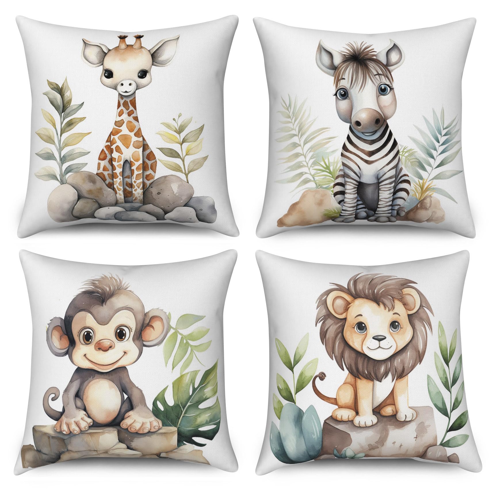 ASDCXZ Kids Pillow Cover 50x50 cm 4er Set, Cute Animal Lion Giraffe Zebra AFFE Sofa Deco Cushion Covers Pillow Cover Washable Polyester Flax Textile Outdoor Pillow Cover Pillow Cover