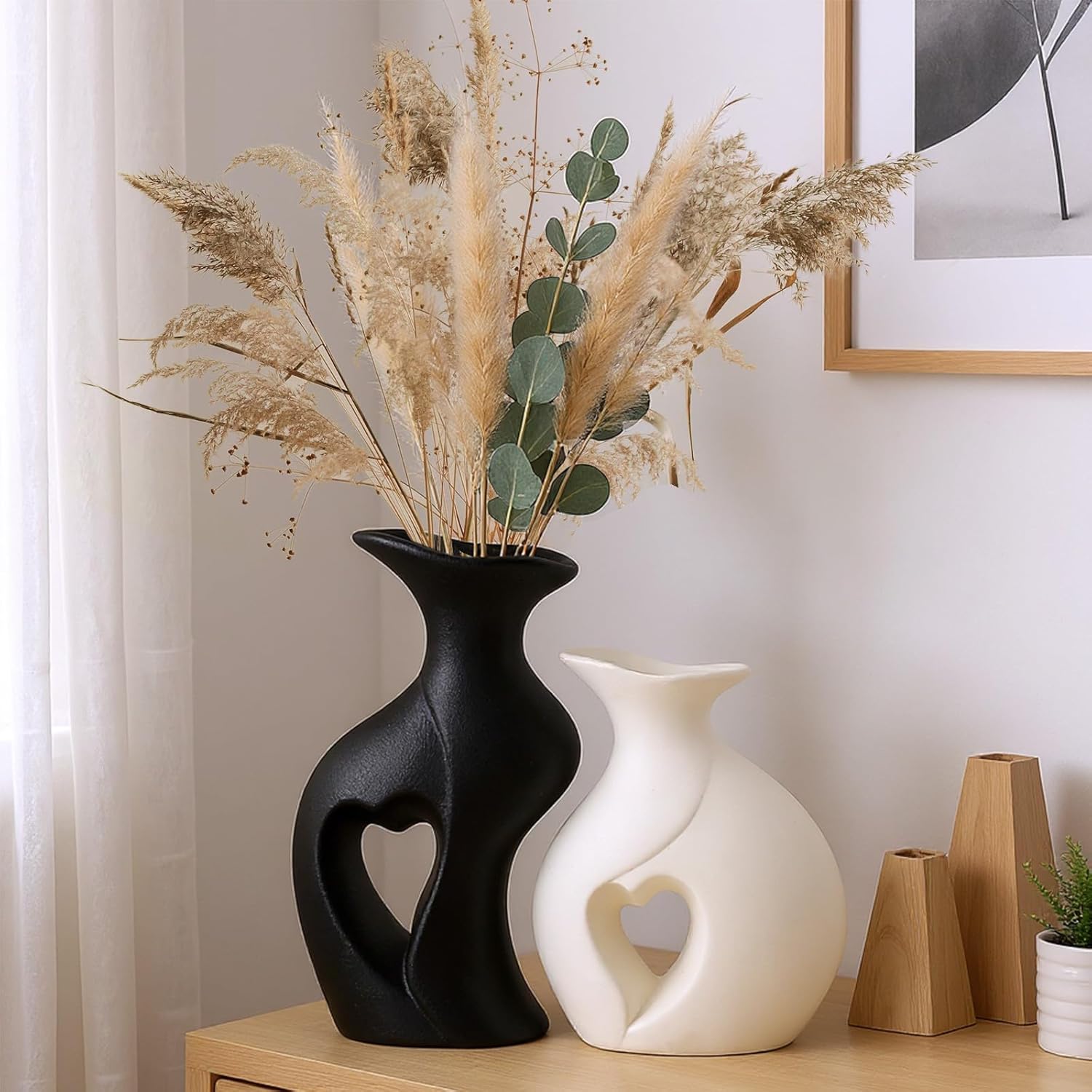 Ceramic Vase Hollowed Heart Flower Vase Set for Modern Nordic Boho Home Decor, Aesthetic Decor for Table Centerpiece, Wedding, Living Room, Bookshelf, Office, Entryway, (Matte)