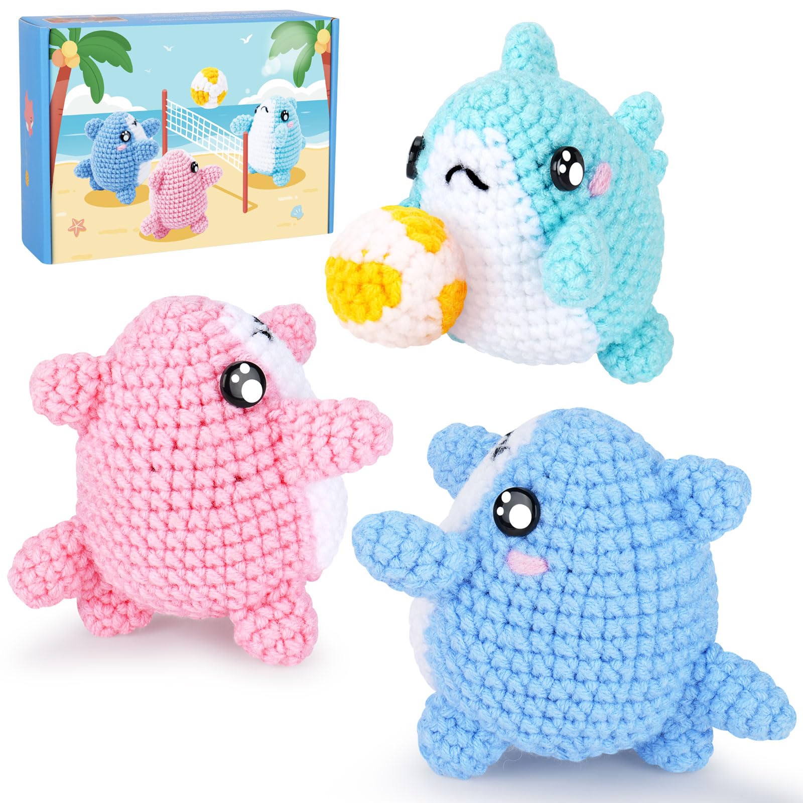 Crochet Kit for Beginners -3 PCS Sharks with a Ball Crochet Kit with Step-by-Step Video Tutorials, Beginner Crochet Kits for Adults, Crochet Animal