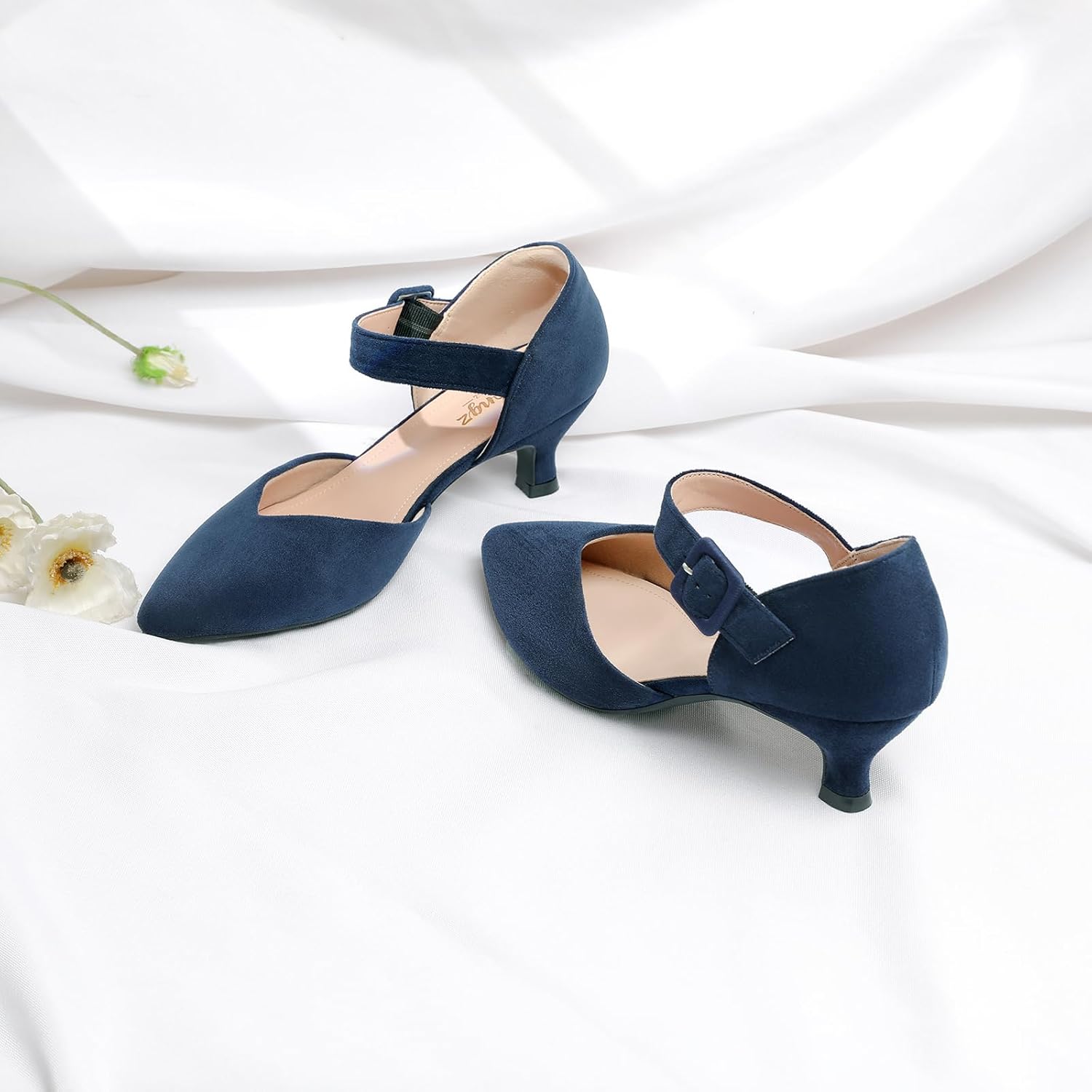 RIBONGZ Comfortable Kitten Heels for Women Pointed Closed Toe Ankle Strap Buckle Heels Slip on Low Heel Church Pumps Wedding Bridal Party Dressy Shoes - Image 8