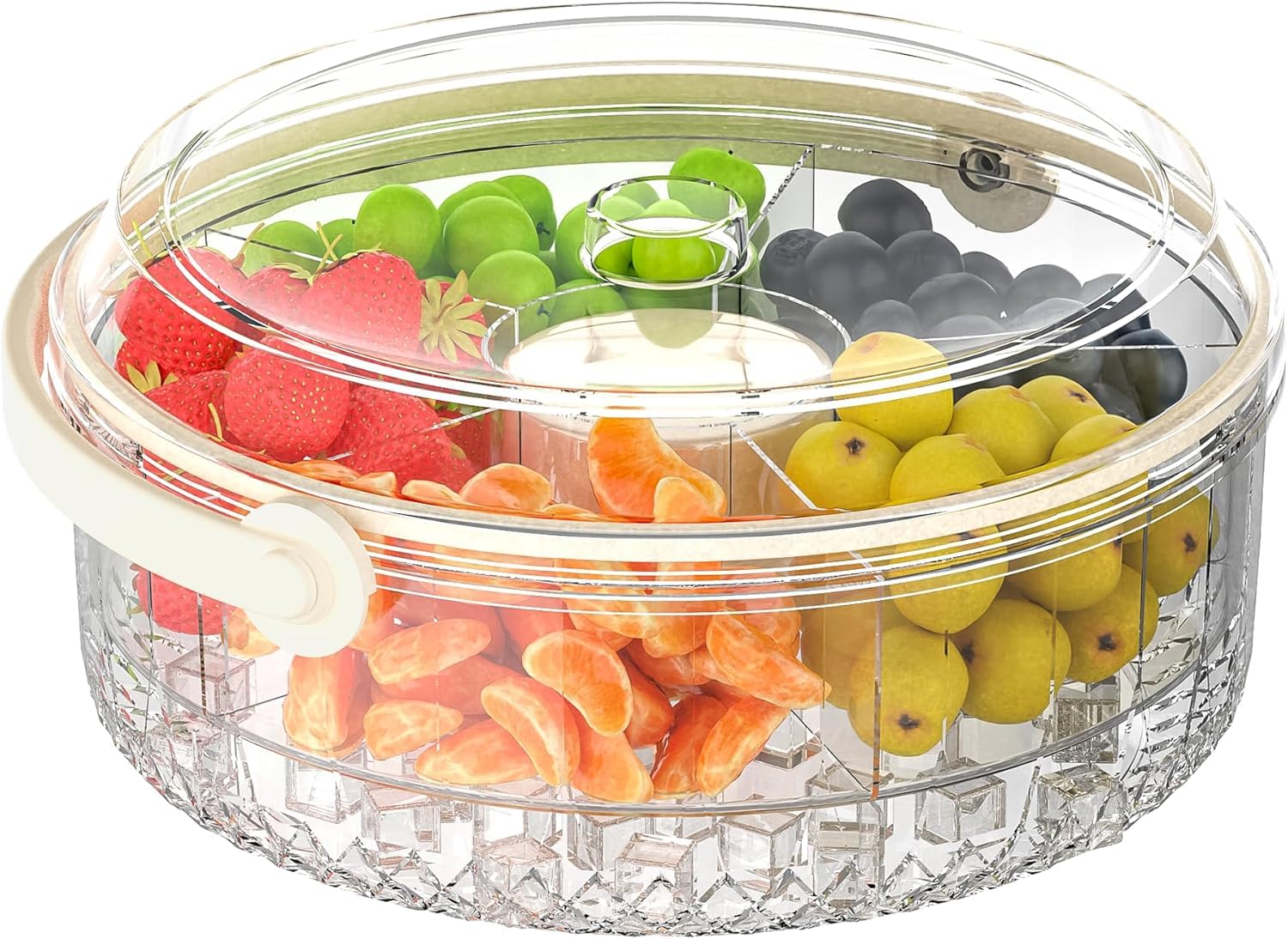 Transparent vegetable serving tray with lid and dipping compartment, rotating fruit platter for parties, outdoor picnics, catering, takeout, and food delivery, Refrigerator storage box-image-1