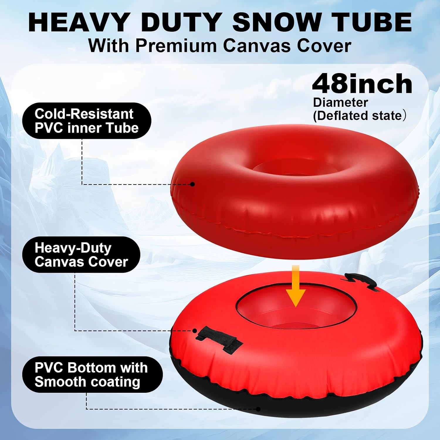 47 Inch Snow Tubes Inflatable Snow Sled with Handles for Kids Adults Thick Heavy Duty Bottom Sleds Outdoor Winter Toys for Sledding Skiing Sports