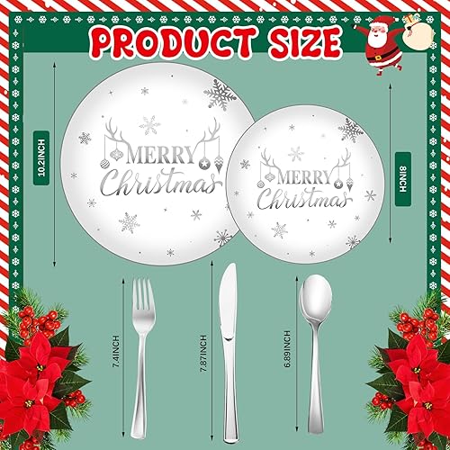 Miniatura 8 de Sliner 150 piezas de suministros para fiestas de Navidad, 30 platos de Navidad de plástico, 30 platos de postre desechables, 30 cuchillos, 30