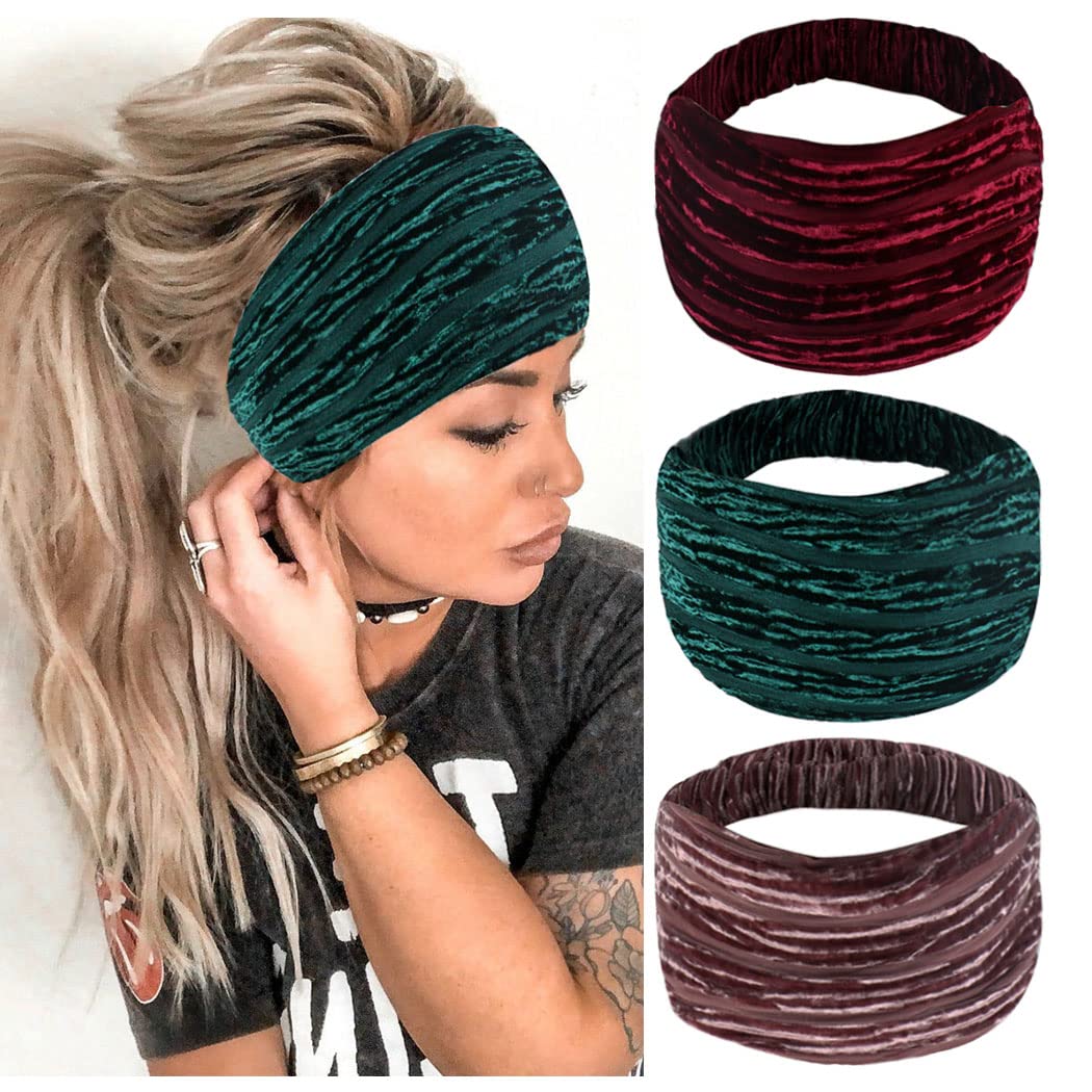 Fashey Boho Headbands Wide Velvet Hair Scarf Elastic Yoga Workout Hair Warps Fashion Hair Accessory for Woman and Girls Pack of 3 (Type B)