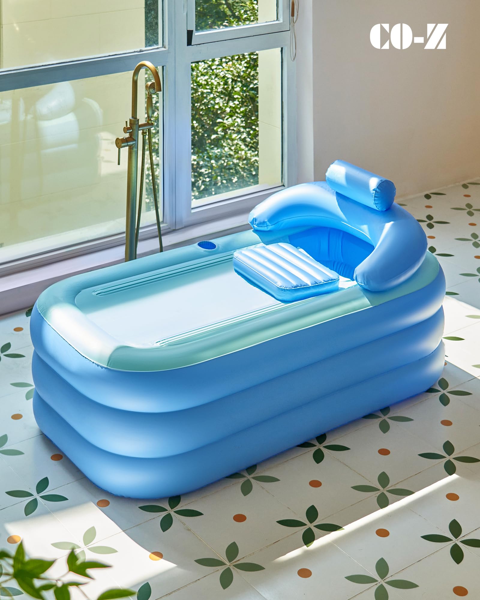 CO-Z Baignoire Gonflable Pliable Portable pour Adultes en PVC, 160x84cm Capacité 220kg, avec Couvercle Détachable Porte-Gobelet Pompe à Pied