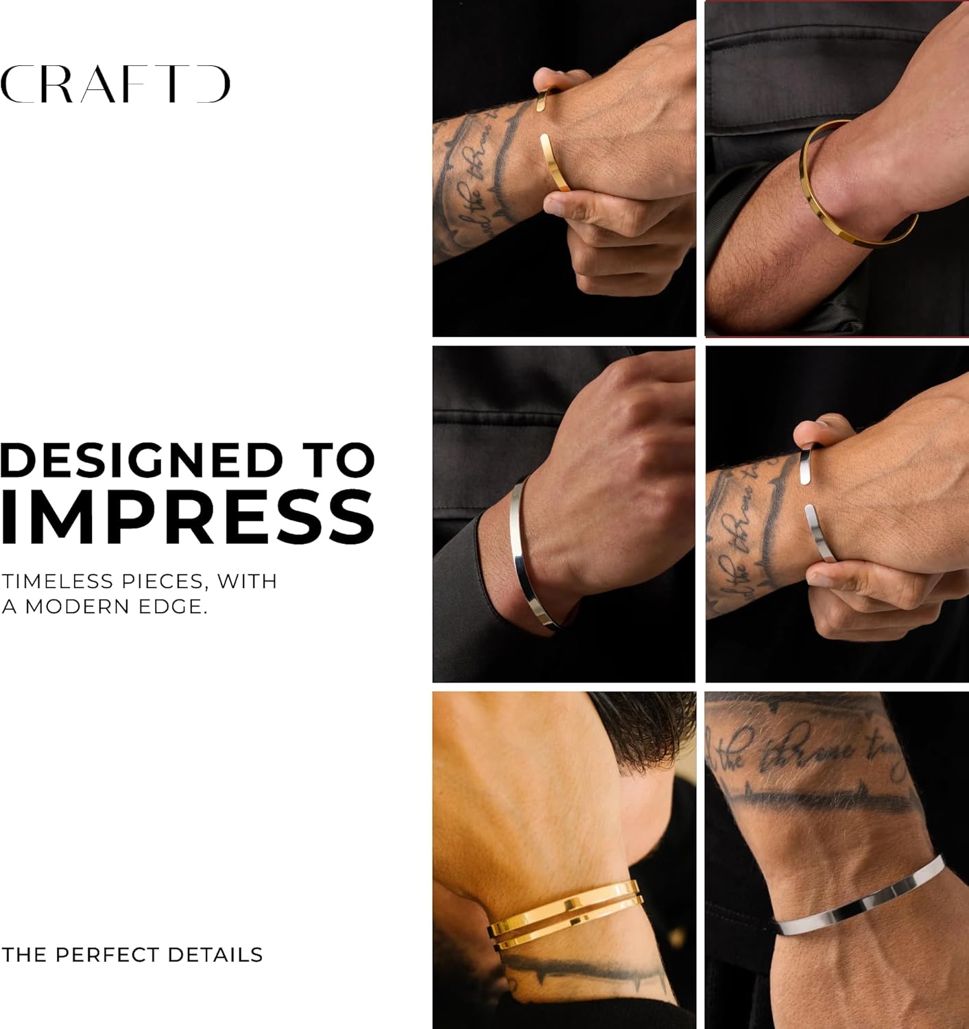 CRAFTD - Bangle Cuff Bracelet - Durable 18K Gold & 316L Stainless Steel - Waterproof, Heat & Sweat Resistant - Gifts for Men - Men's Jewelry - Size 5mm