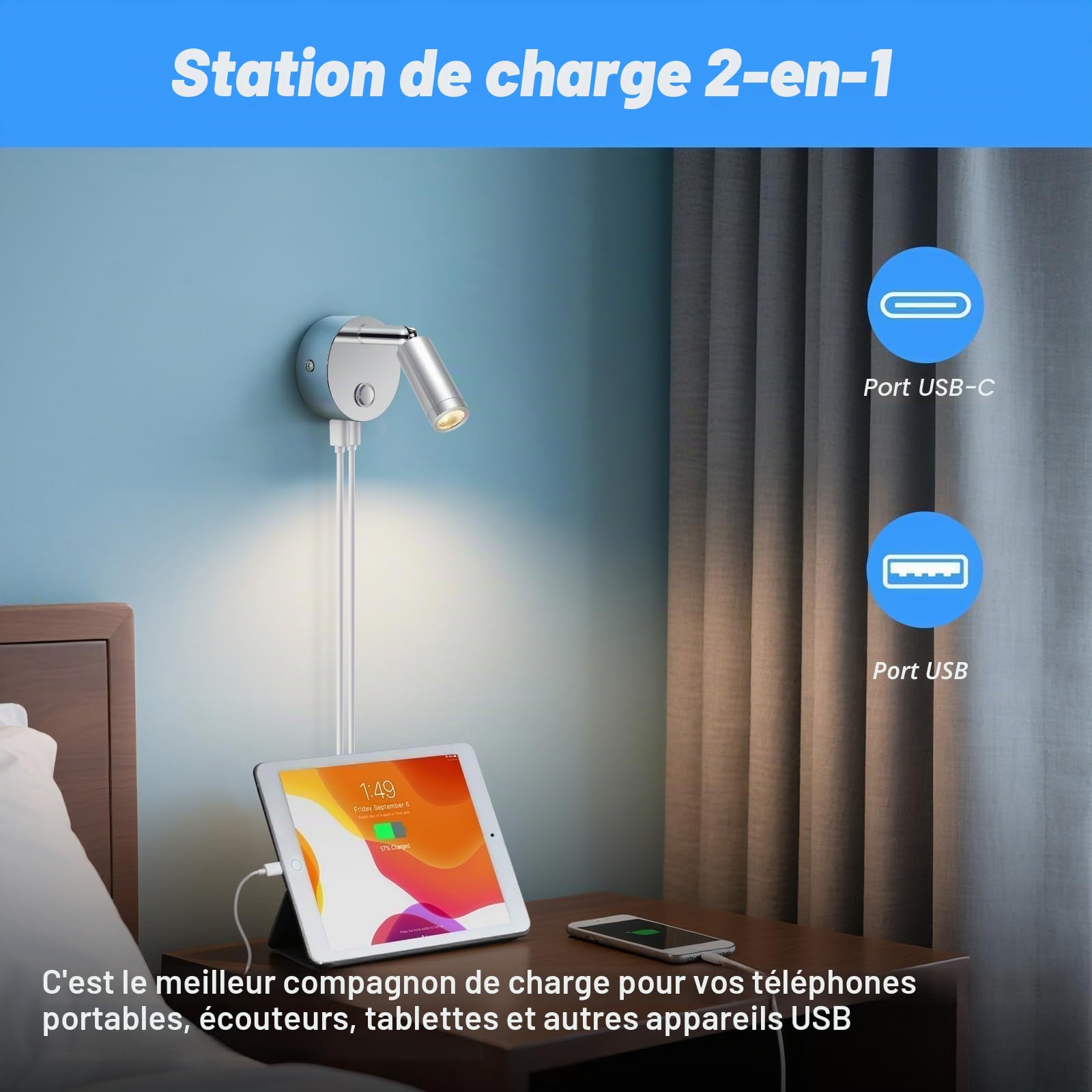ERWEY 2pcs Lampe de lecture LED 12V camping-car,Applique murale lampe de lit avec interrupteur Touch Dimmable 3000K-6000K, DC 12V-24V avec connecteurs USB A+C pour bateau voiture van yacht, argent