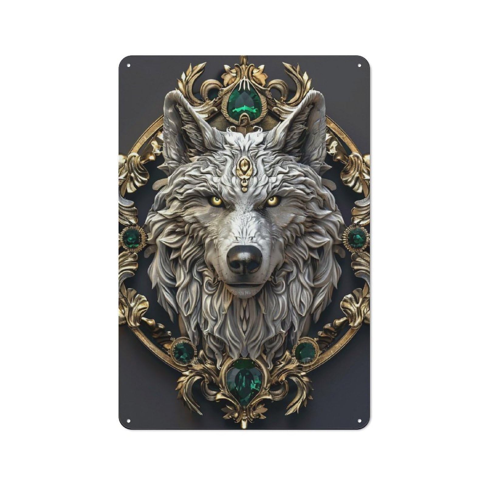 Ornate Wolf Head with Emeralds Vintage Metal Sign 30x20cm, Retro Classic Pub Decor for Cafe, Pub, Workshop Or Home Bar