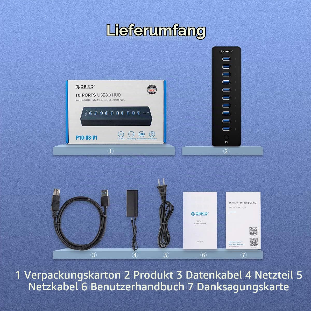ORICO USB 3.0 Hub 10 Ports mit Netzschaltern und Netzteil 48W (12V4A), 5 Gbps Highspeed Datenhub für Desktop PC Computer Notebook MacBook iMac, Einschließlich Datenkabel Netzadapter Netzkabel