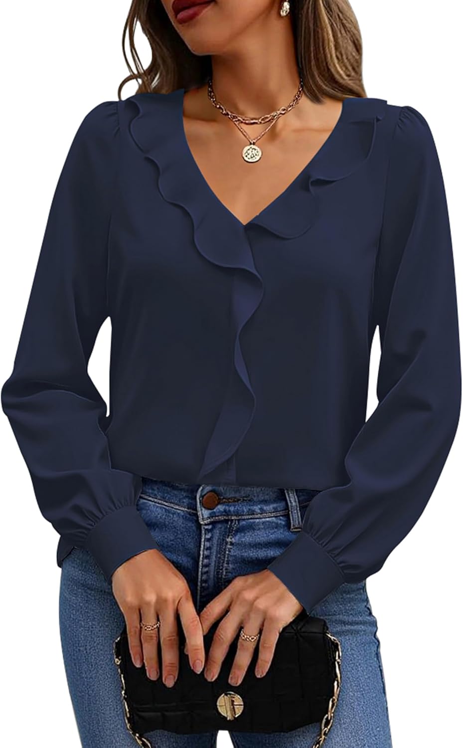 Halife Womens Dressy Casual Blouses Long Sleeve Business Tops Ruffle V Neck Trendy Work Shirts