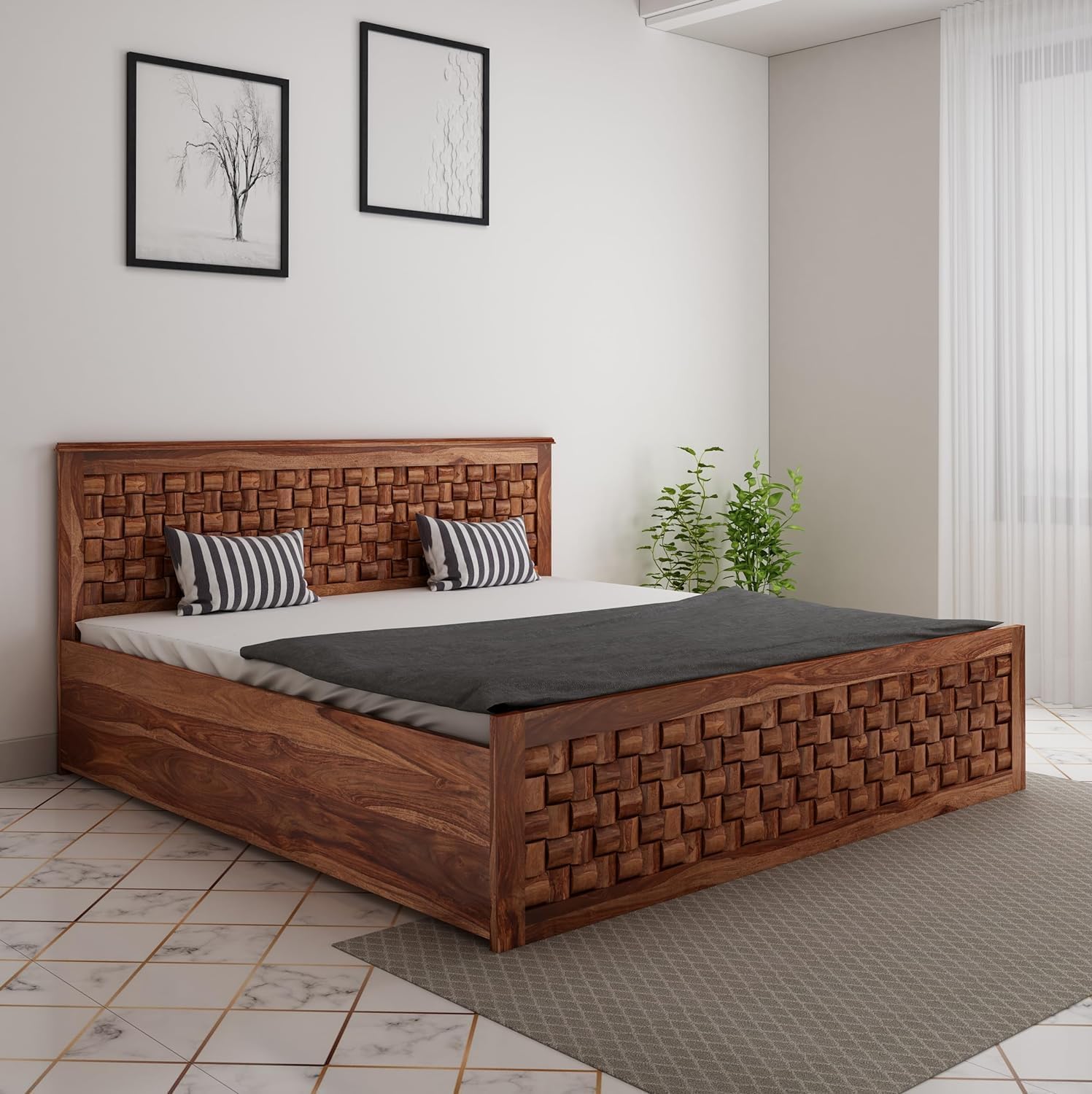 Craftswood Solid Sheesham Wood King Size Bed with Box Storage | Wooden Double Bed Frame for Bedroom | Heavy Duty Solid Wood Palang with Storage | Honey Finish | 78x72 Inch Mattress Size
