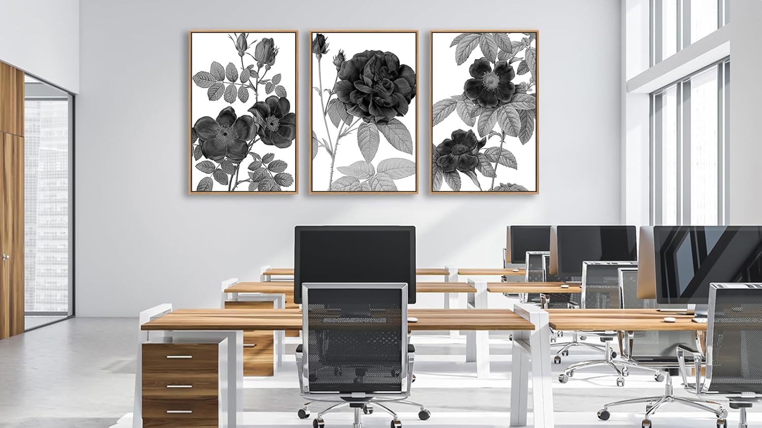 Large Framed Canvas Wall Art - Natural Float Framed Black Gray Flowers Pictures Decor Simple Blossom Leaves Botanical Artwork for Living Room Bedroom Kitchen Home Office Decoration 72" X 36" Set of 3