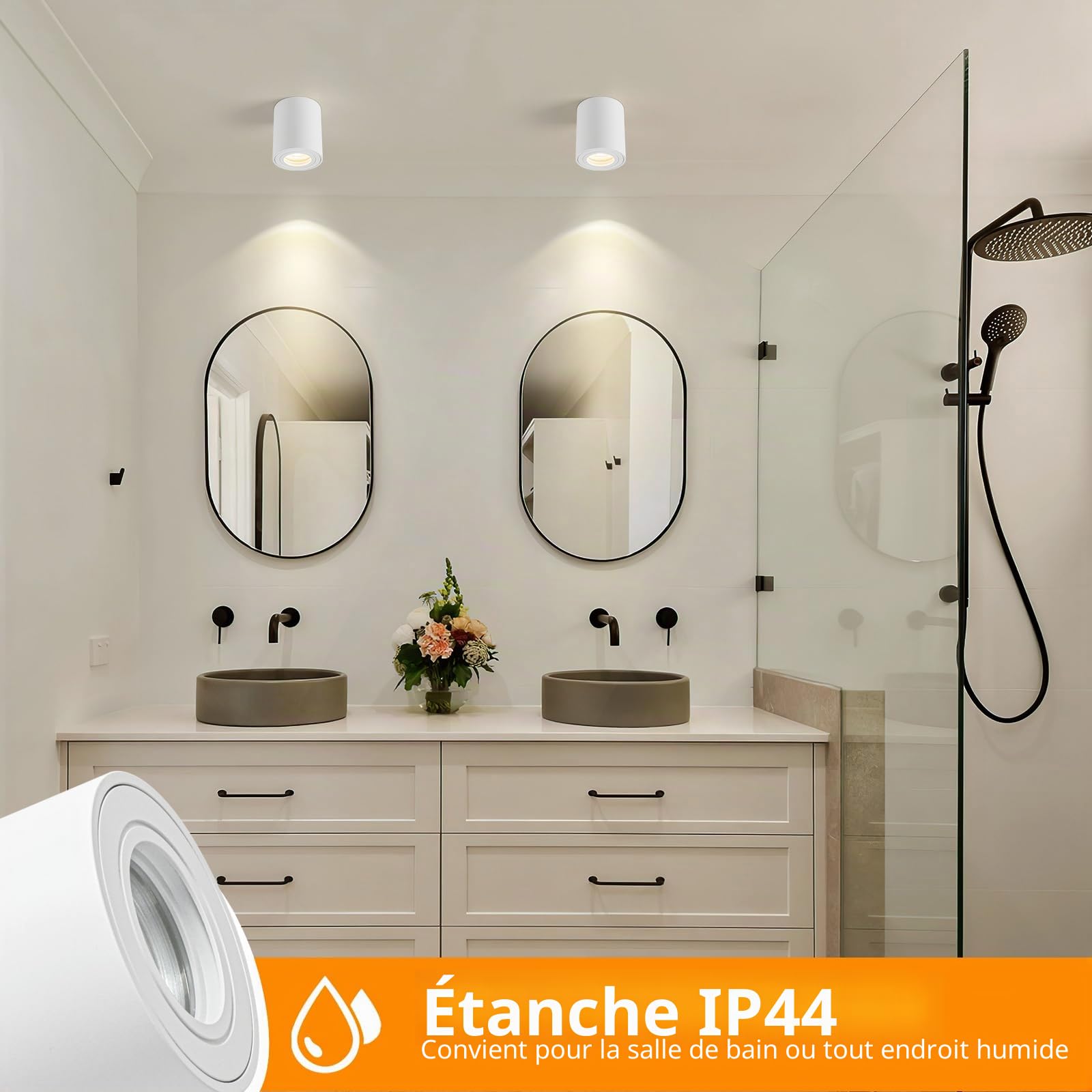 Spot en Saillie Blanc IP44, Plafonnier Salle de bain, Spots de Plafond 230V avec GU10 douille, Ø80x95mm Aluminium Rond Downlight pour Modules GU10 et LED, Lot de 4