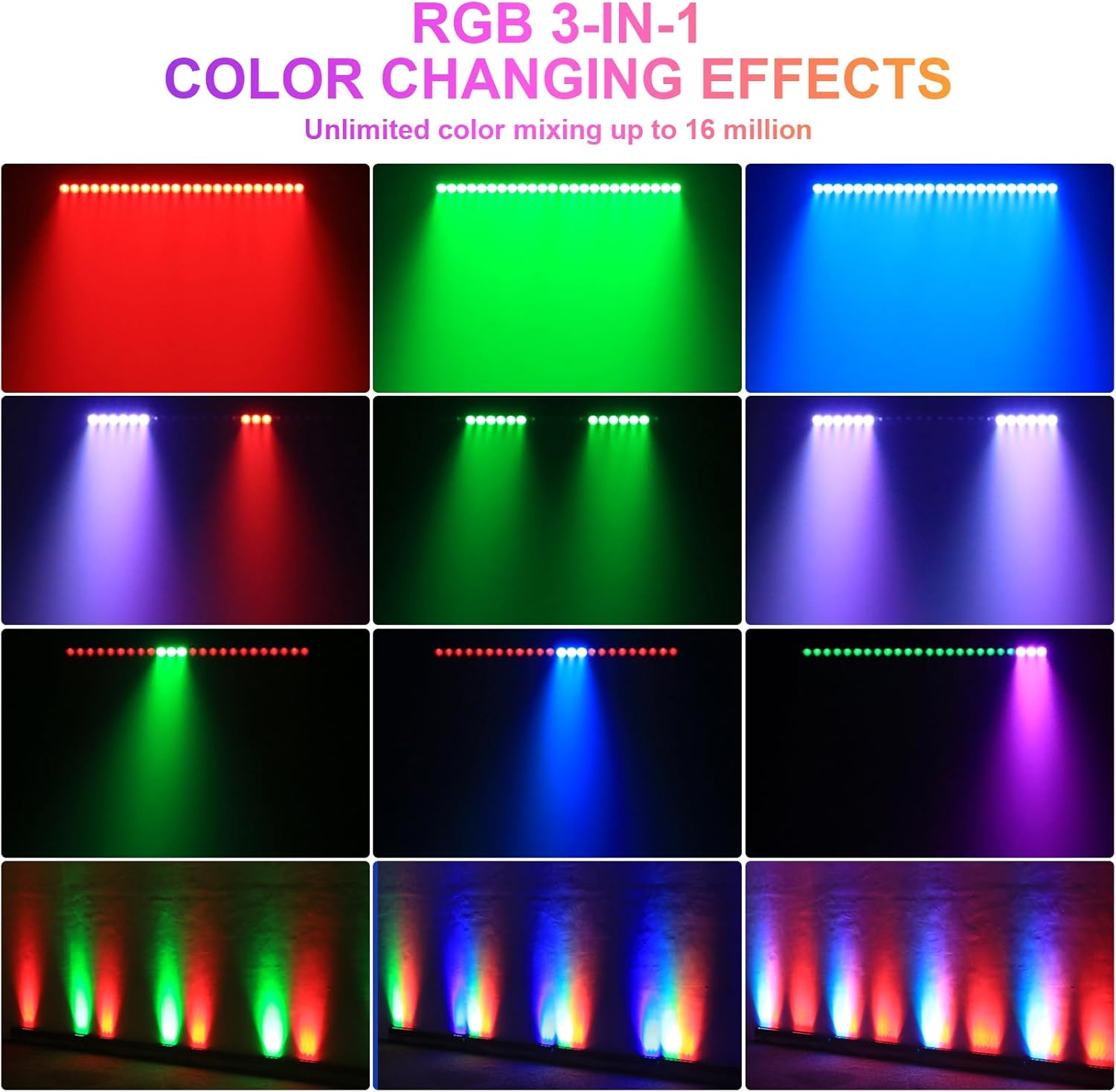A grid of images showcasing various RGB 3-in-1 color changing effects, demonstrating unlimited color mixing up to 16 million combinations.