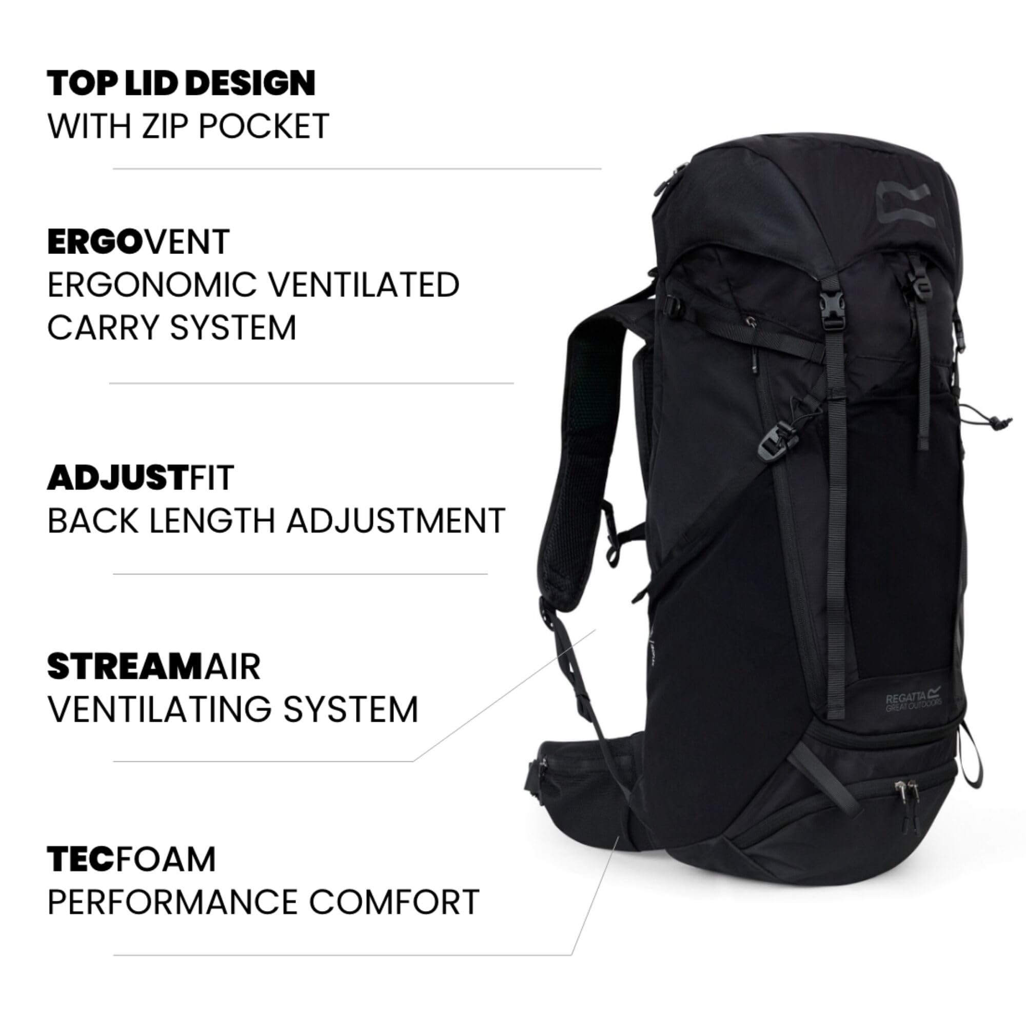 Regatta Plecak Blackfell 65 l, odblaskowy, z metalową ramą, idealny na spacery, wędrówki, kemping i trekking, Czarny, L, Casual