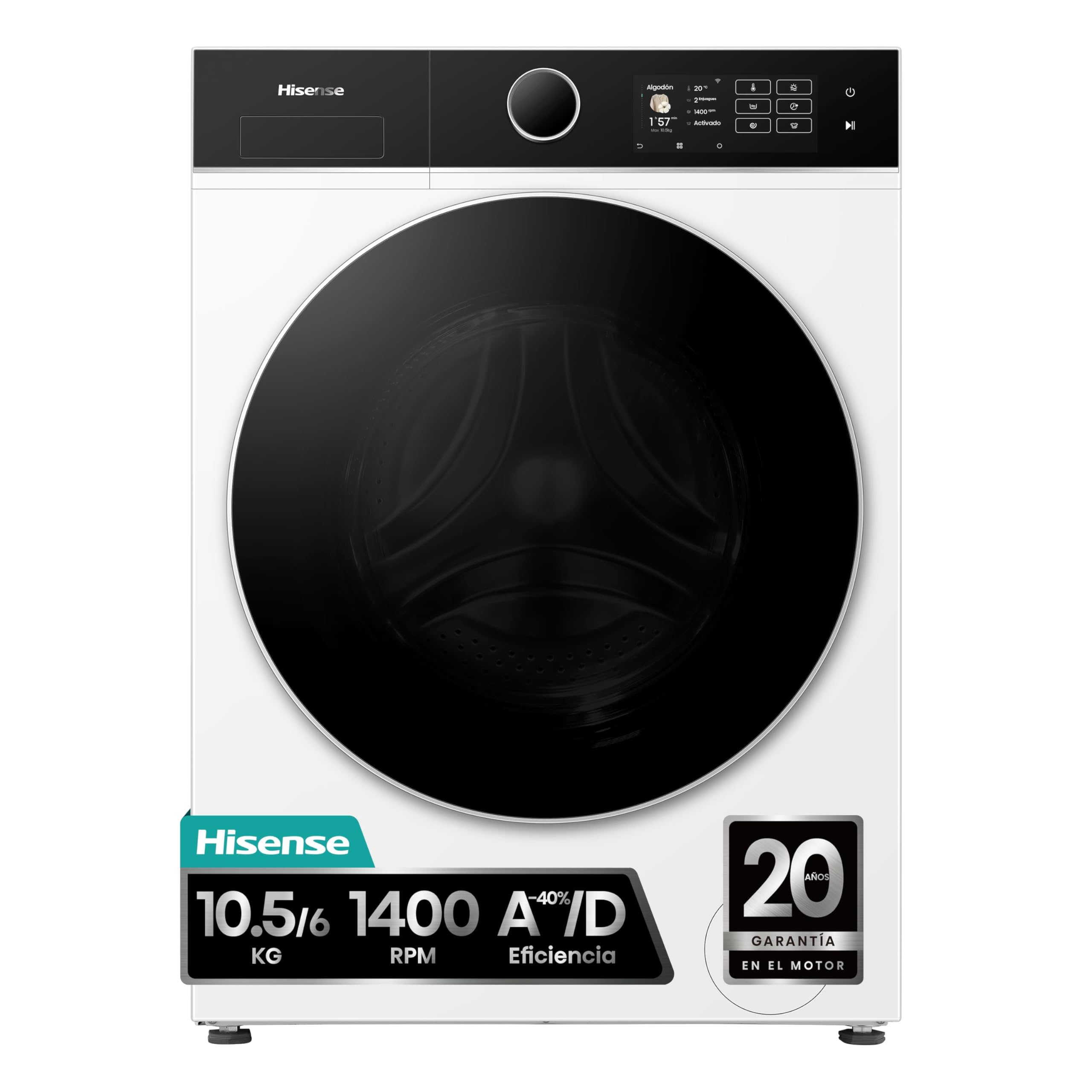 Hisense WD5I1045BWQ - Lavadora secadora 10,5 Kg lavado, 6 Kg secado, Clase A-40%/D, 1400 rpm, puerta cristal, conectividad WiFi, fondo reducido 55cm - color Blanco