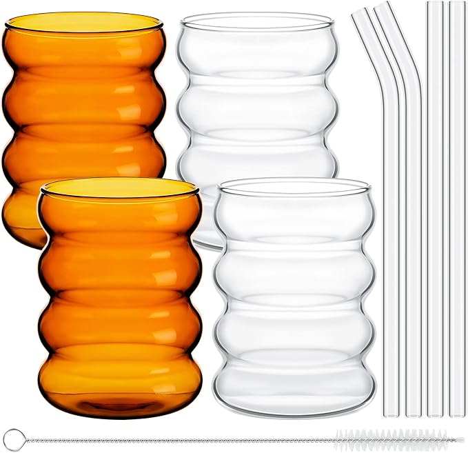 Tessco 4 Pcs Creative Glass Cups Vintage Drinking Glasses Ribbed Glassware Aesthetic Cups Entertainment Dinnerware Glassware with Straws Set for Kitchen Coffee Juice Beverage (Clear,13.5 oz)