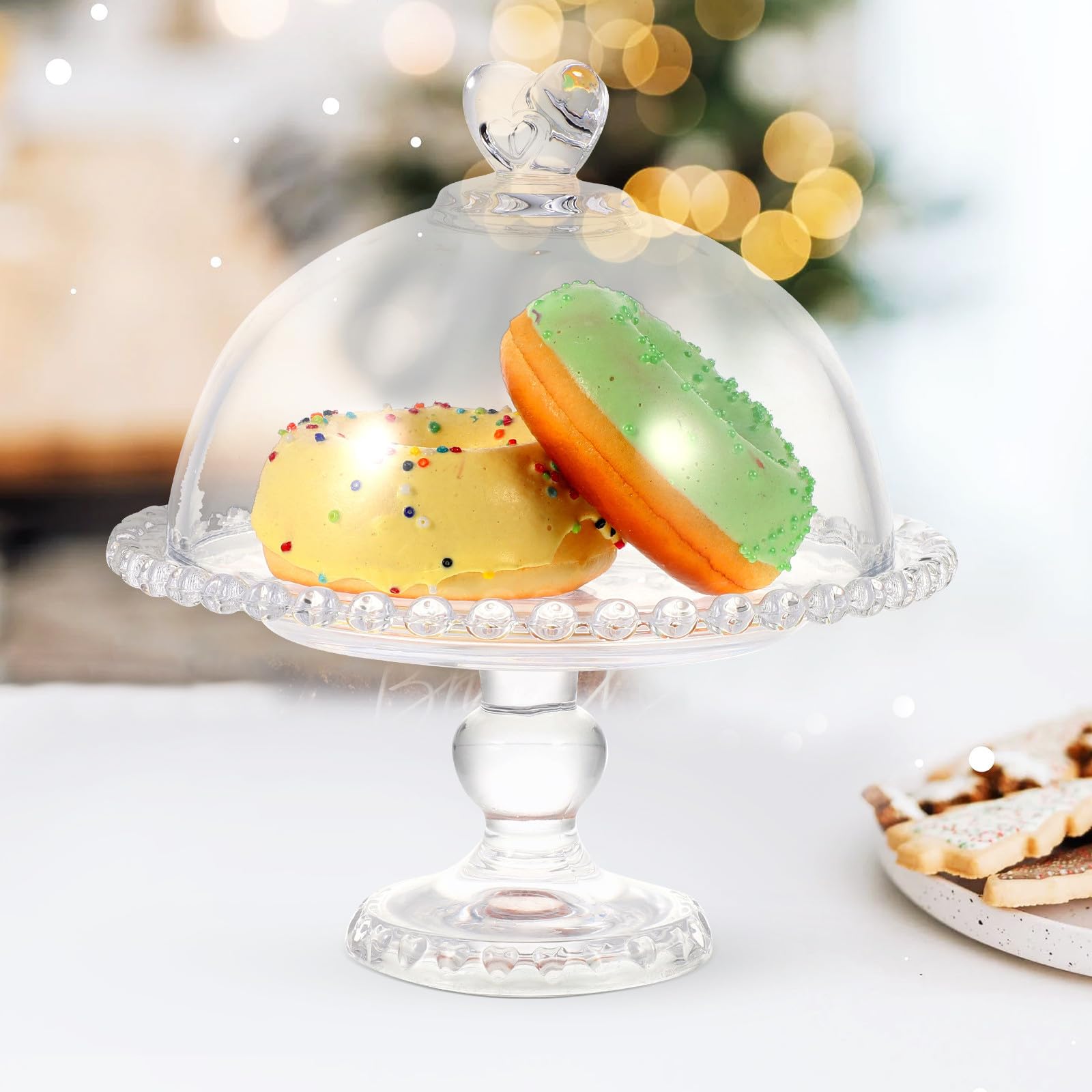 POPETPOP Cúpula de Pastel Pequeña de Vidrio Transparente Asa y Tapa Protectora para Mantener la Frescura de Alimentos y Verduras, Bandeja de Postres Hogar