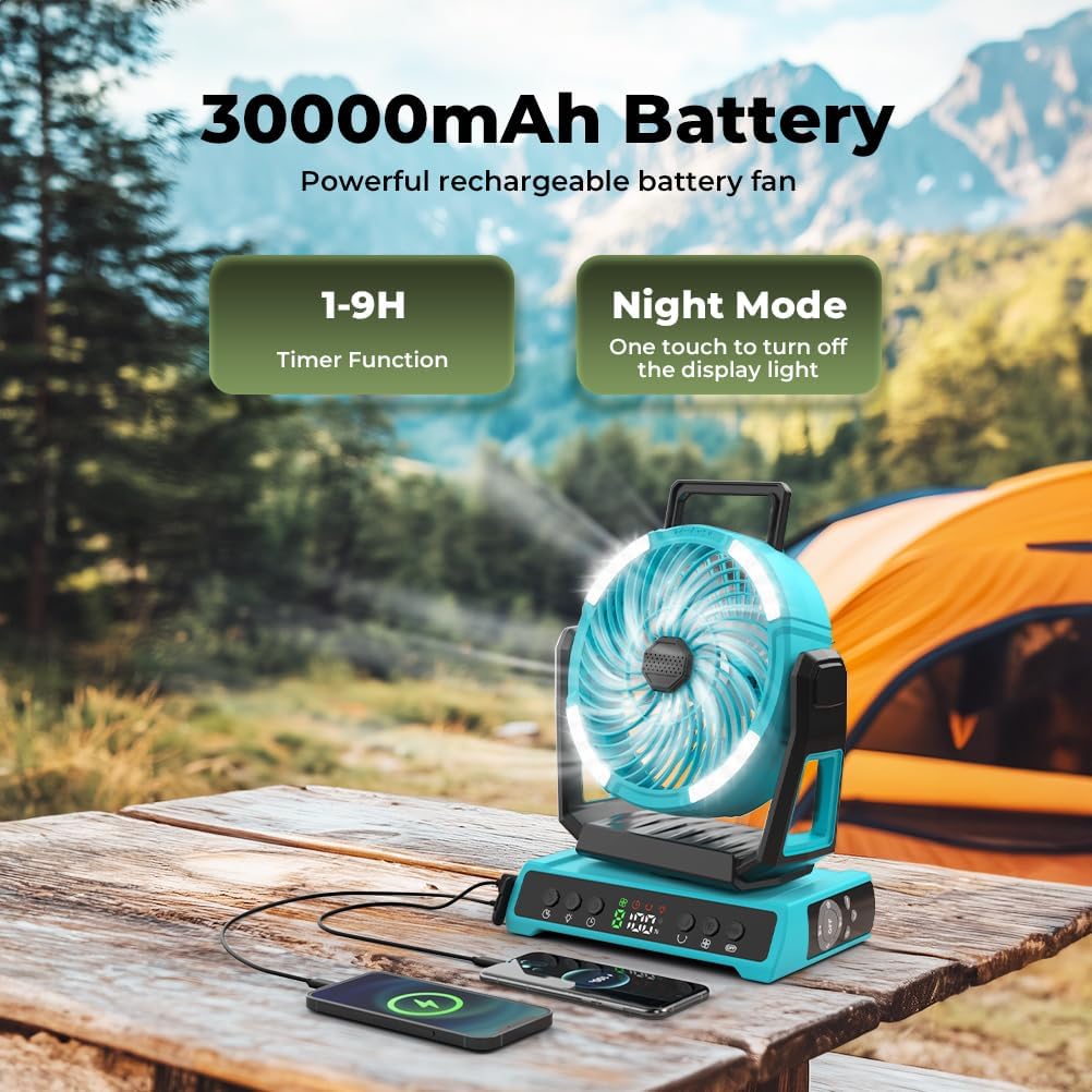Rechargeable Camping Fan - 30000mAh Battery Powered Portable Fan with LED Lantern - 360°Rotation & 9 Speeds Battery Operated Outdoor Beach Tent Fans for Camping, Hiking, Travel, Home Office, Blue - Image 2