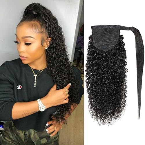 Cola de caballo larga de 22 pulgadas, cola de caballo rizada pequeña, extensiones de cabello humano 100% humano, clip de rizo Jerry, negro natural