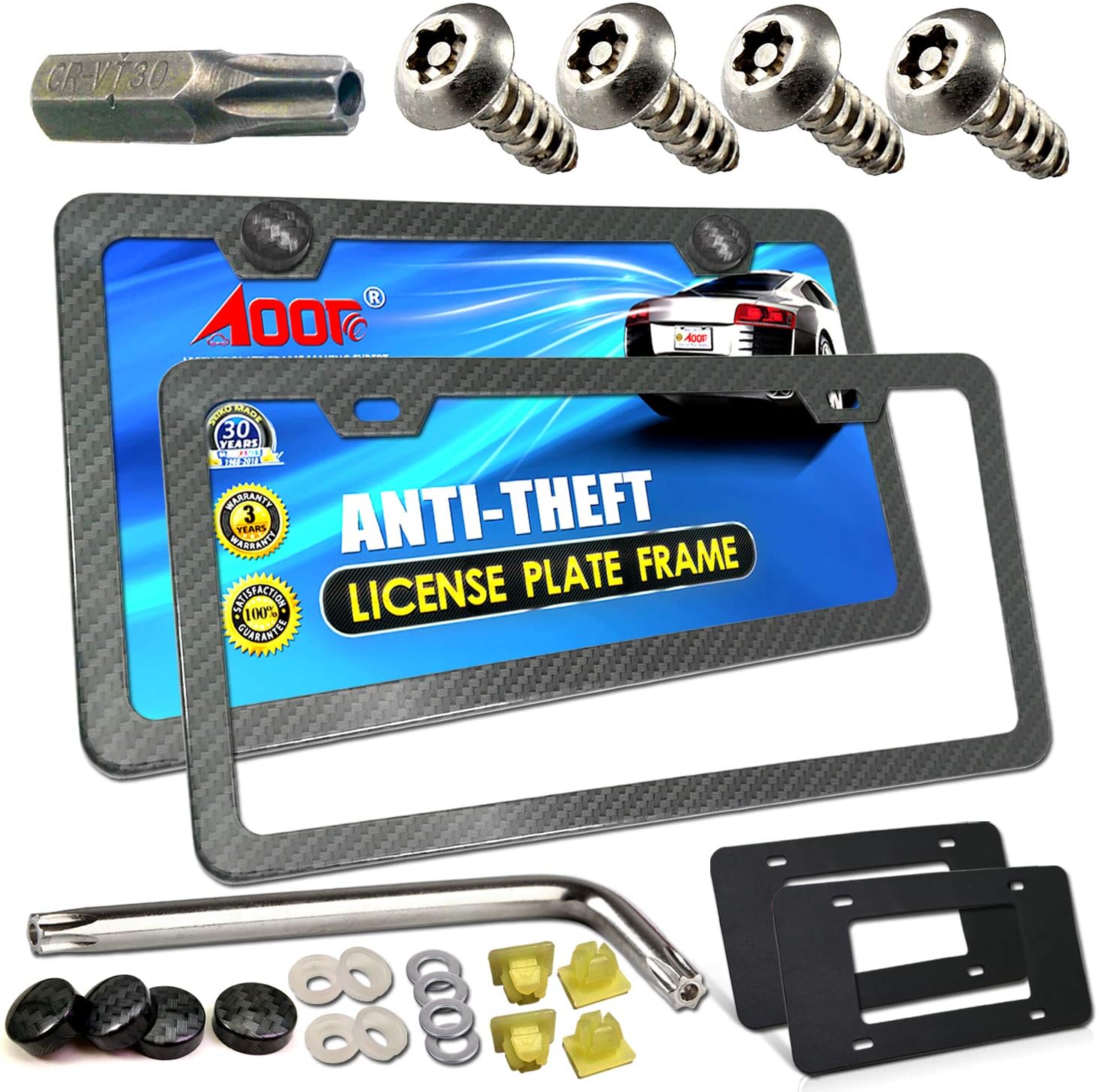 AOOTFLicense Plate Frames Anti Theft- Tamper Proof Carbon Fiber Patterns Car Tag Holder, Heavy Duty Black Aluminum Bracket, Mount Hardware Kit- Stainless Steel Self-Tapping Screws Caps