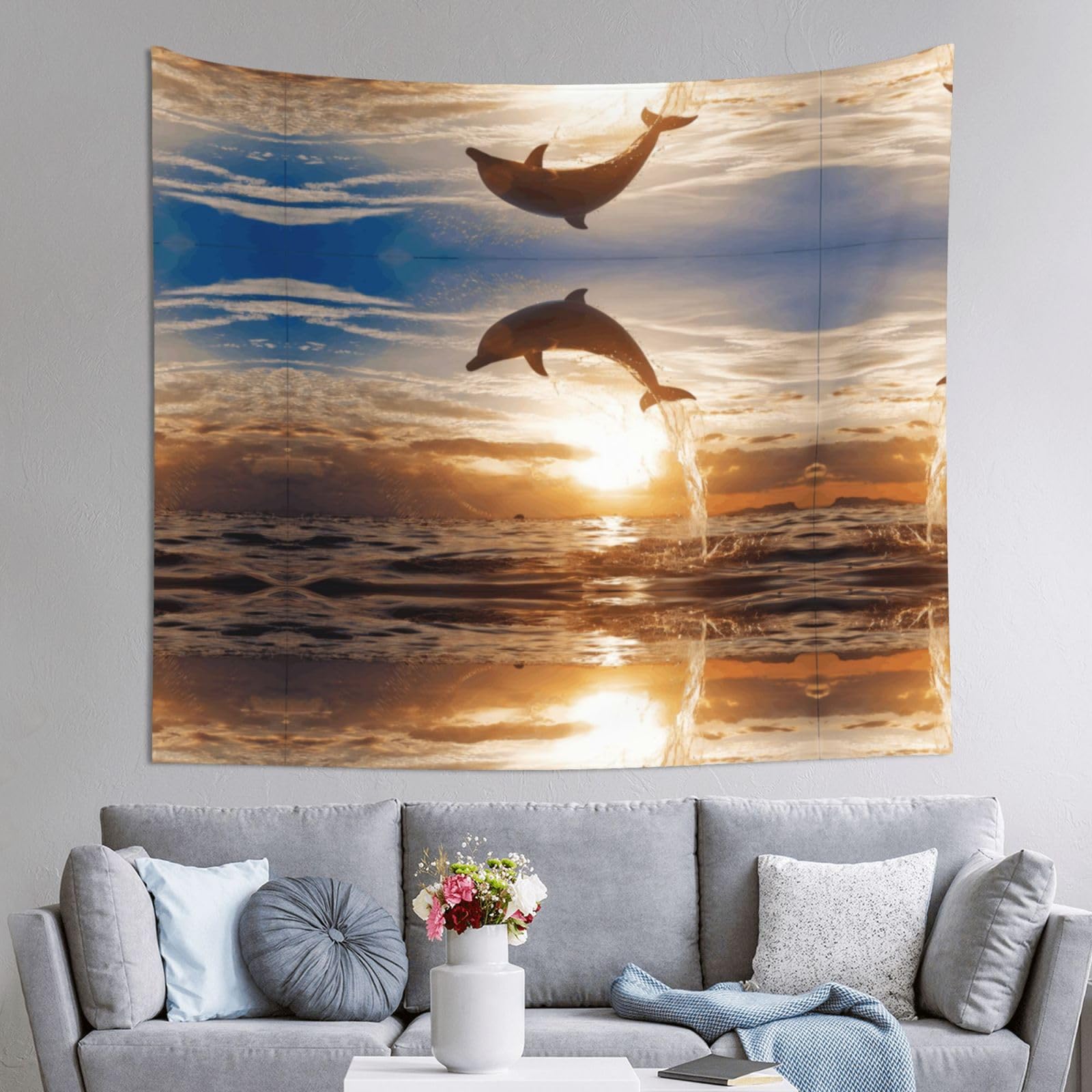 HLSBSSL 60x51in Funny Animal Dolphin Printed Tapestry Tablecloth for Dormitory and Picnic Rooms - Multifunctional Fabric Hanging