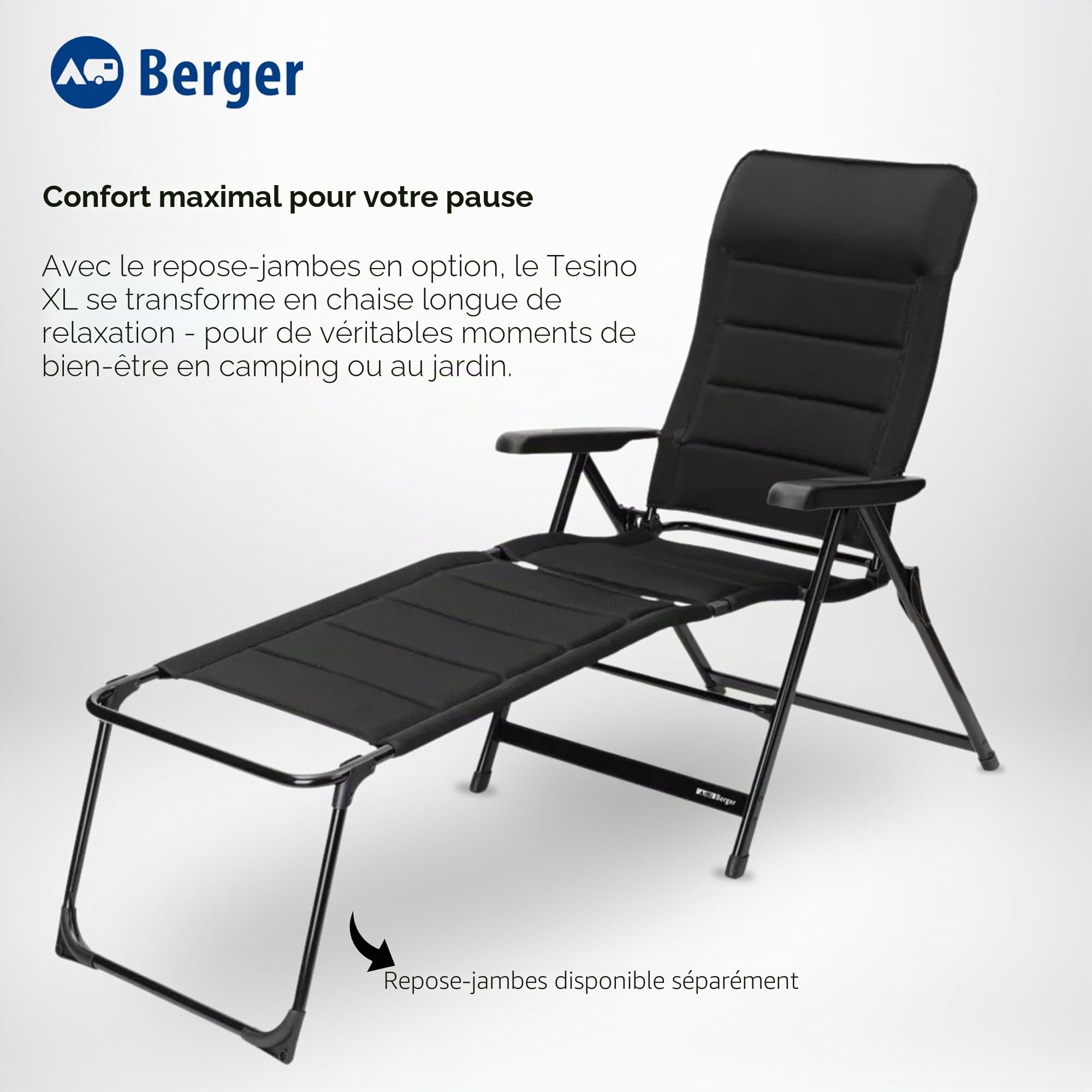 Berger | Grande Chaise de Camping Pliable Tesino XL | Fauteuil Relax Pliant | Siege Portable de Peche | Chaise Pliante de Jardin Legere | Chaises Pliantes | Cadre Aluminium | Fauteuil Ergonomique