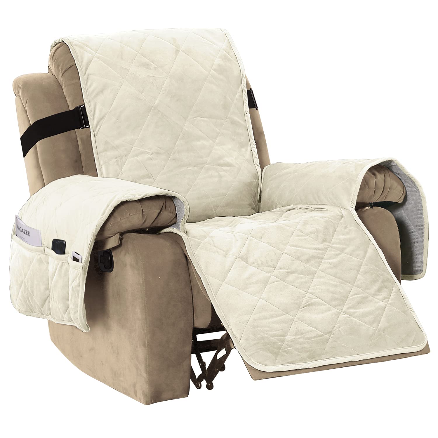 H.VERSAILTEX Thick Velvet Quilted Recliner Covers for Recliner Chair Covers Reclining Chair Slipcover Recliner Couch Cover with Non Slip Backing and Wider Elastic Strap (Recliner, Ivory)