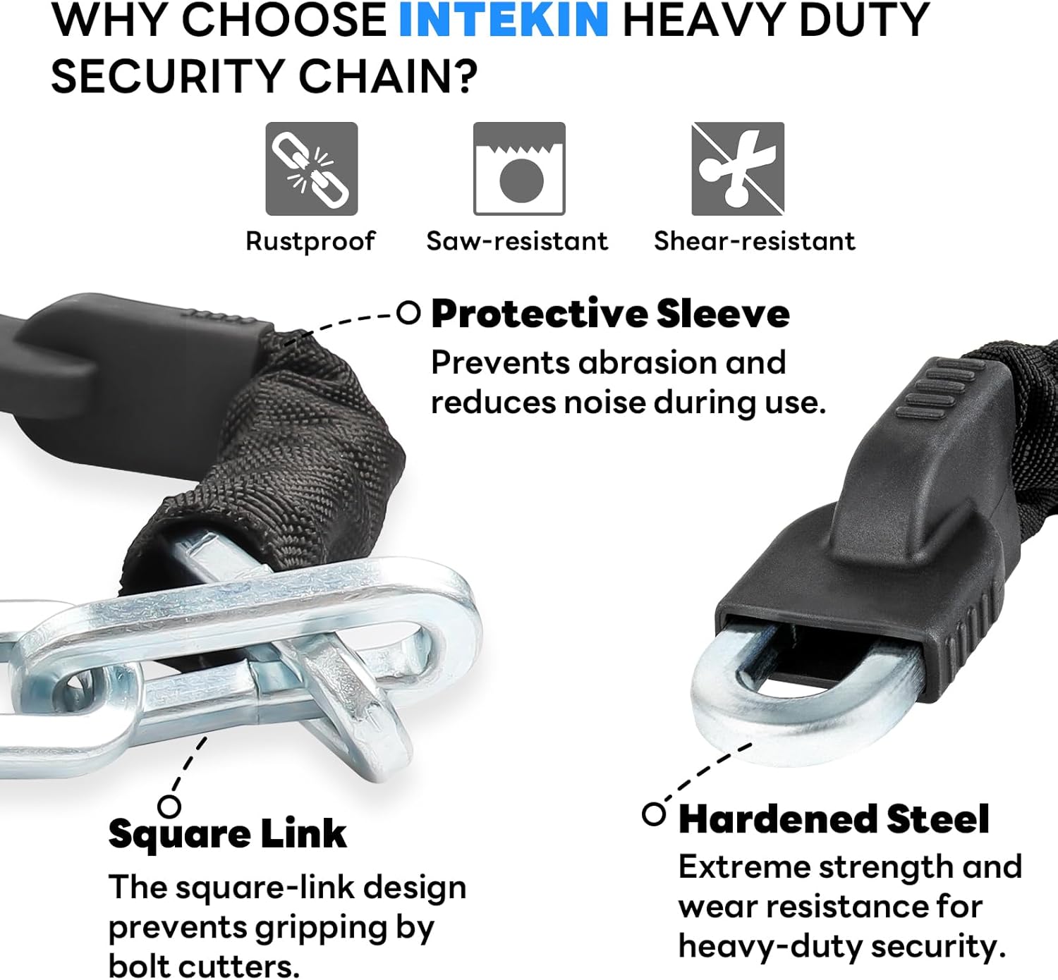 Heavy Duty Security Chain - Hardened Steel 3.3 ft x 3/8" Thick Square Bike Lock Chain for Bikes, Containers, Motorcycles, Trailers, ATV's