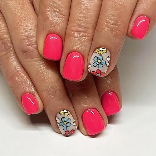Uñas postizas a presión de color rosa intenso, uñas postizas cortas cuadradas de verano SWEKKE de cobertura completa, uñas postizas de flores con