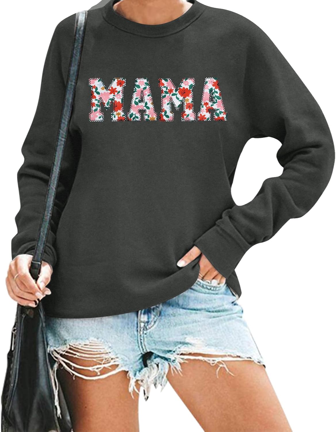 BANGELY Mama Floral Sweatshirt Women Funny Embroidered Retro Mama Letter Pullover Gift For Mom Long Sleeve Shirt