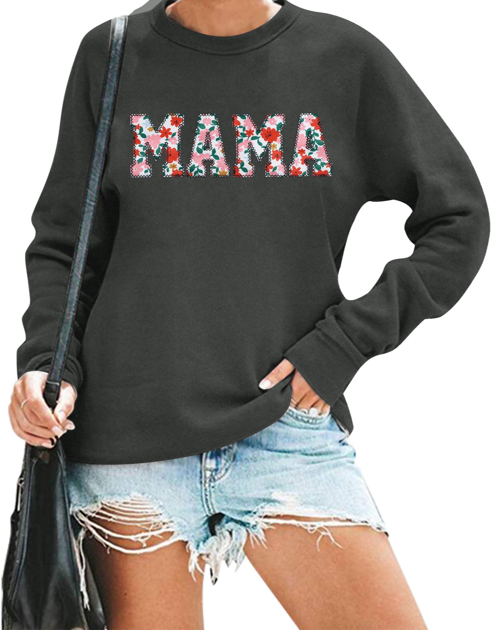 BANGELY Mama Floral Sweatshirt Women Funny Embroidered Retro Mama Letter Pullover Gift For Mom Long Sleeve Shirt