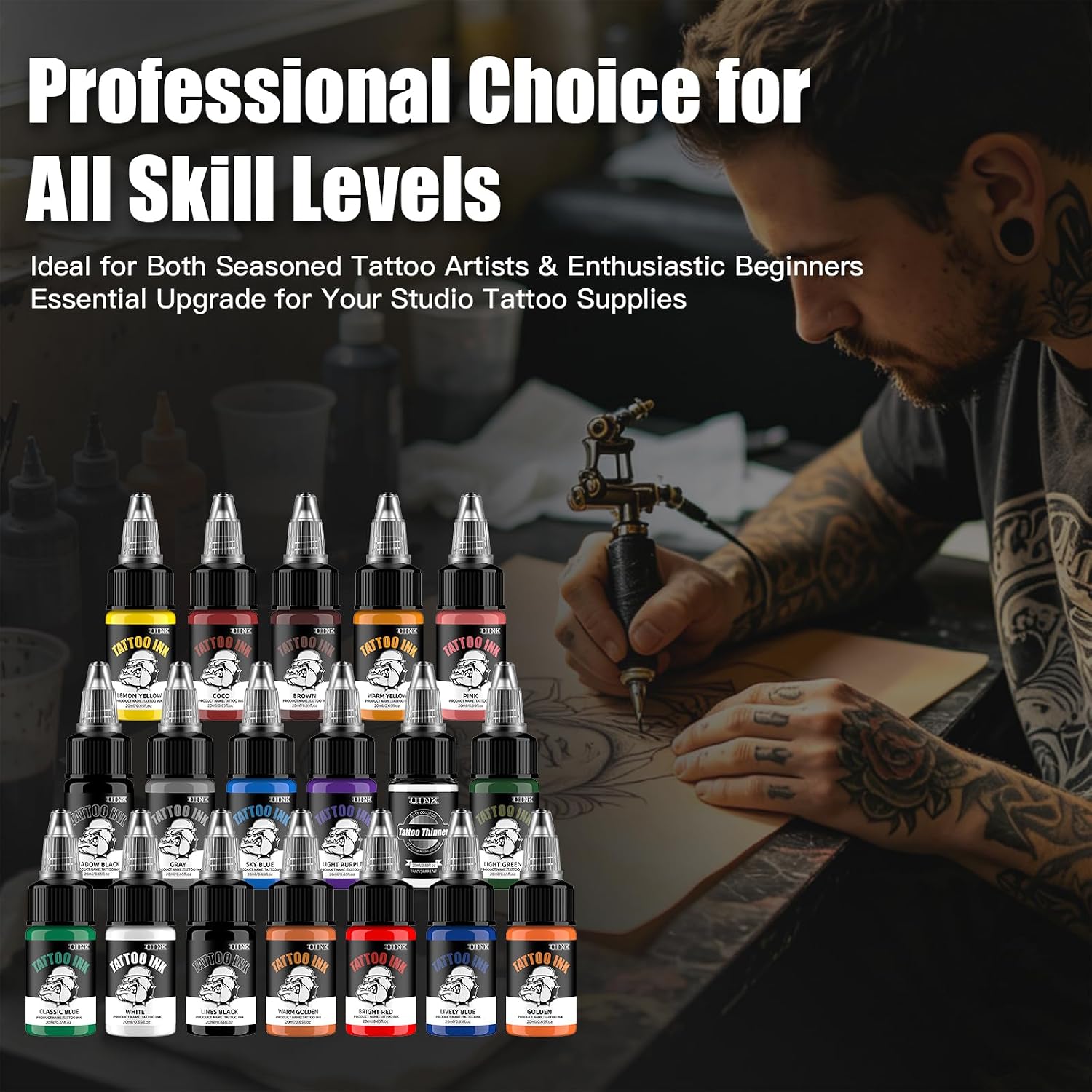 UINK 18 Colors Tattoo Ink Set - Professional Tattoo Ink Kit (0.65oz/20ml) Long Lasting Vibrant Body Art Tattoo Supplies