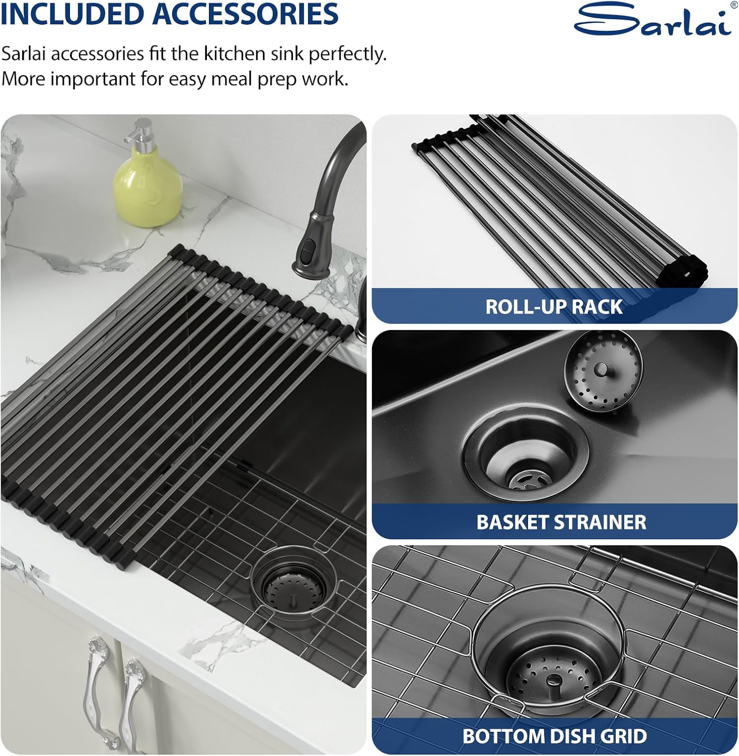 Sarlai Black Undermount Laundry Sink 24 Inch - 13 Inch Deep Undermount Laundry Utility Gunmetal Black Sink Single Bowl Kitchen Sinks 16 Gauge Stainless Steel Laundry Tub Sinks Basin 24"x19"x13"