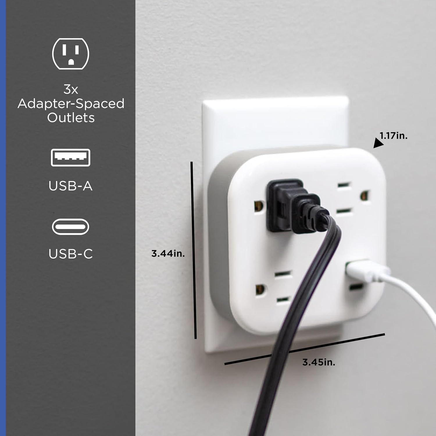 GE UltraPro 3-Outlet Surge Protector Wall Tap, 980J, USB-C & USB-A Ports image 3