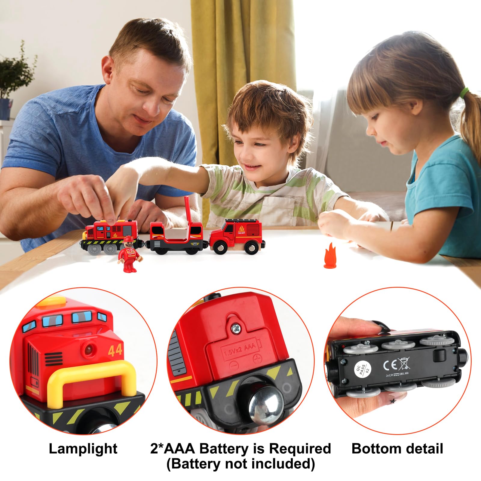 Tren De Bomberos De Madera Con Luz Y Sonido, Coche Eléctrico Con 3 Vagones, Compatible Con Rieles Universales – Regalo Para Niños De 3 A 6 Años (rojo)