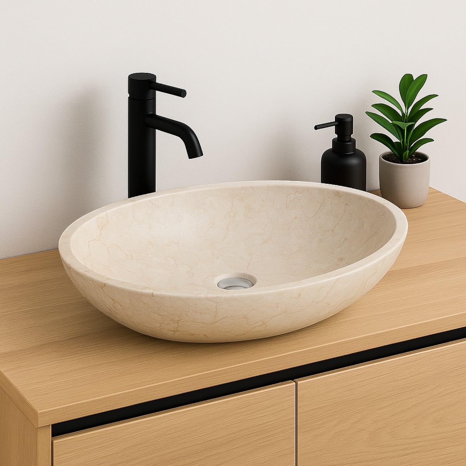 Lendo Online Washbasin oval 60x40x12 cm Marble - natural stone cream - sink for bathroom and toilet - sink - wash bowl - unique shape and color!