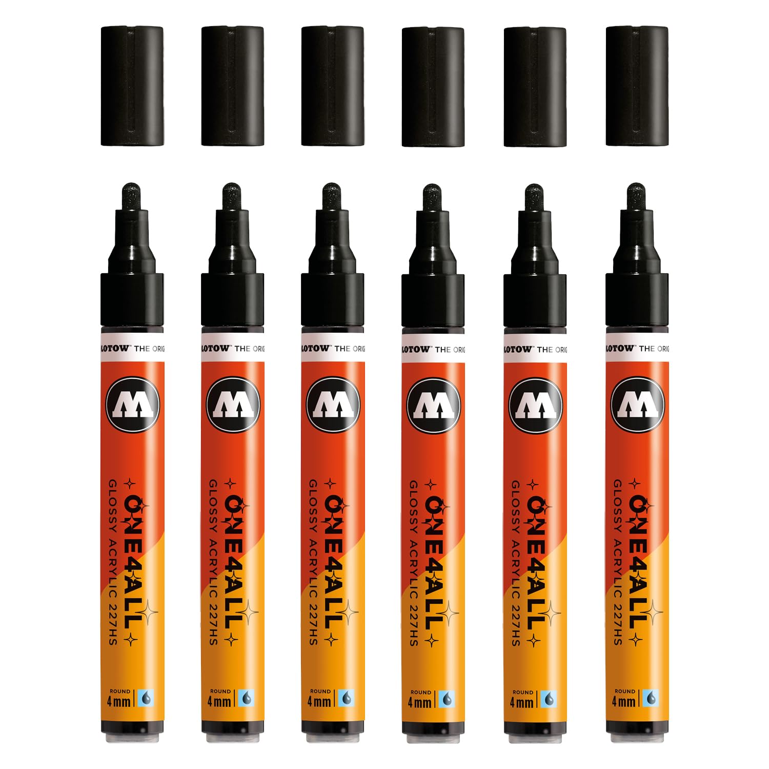 Molotow One4All 227HS Acrylic Marker Glossy (4.0 mm Line Width, High Gloss, High Coverage and Permanent, Quick Drying, Refillable, for Almost All Surfaces) Pack of 6, Colour 252 Glossy Black