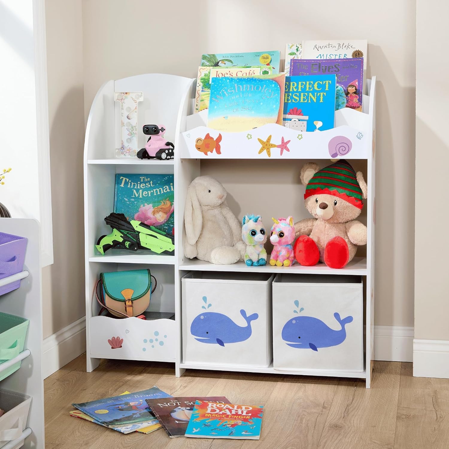 Home Source Children’s Storage Unit with 7 Shelves & 2 Fabric Drawers – Kids’ Bookcase & Toy Organiser – Sealife Animal Design