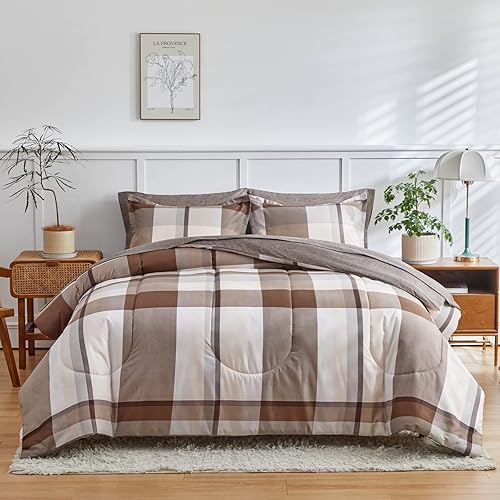 Miniatura 2 de AIKASY Bed in a Bag - Juego de edredón reversible de microfibra suave de 6 piezas, diseño a cuadros marrones, para todas las estaciones (1 edredón,