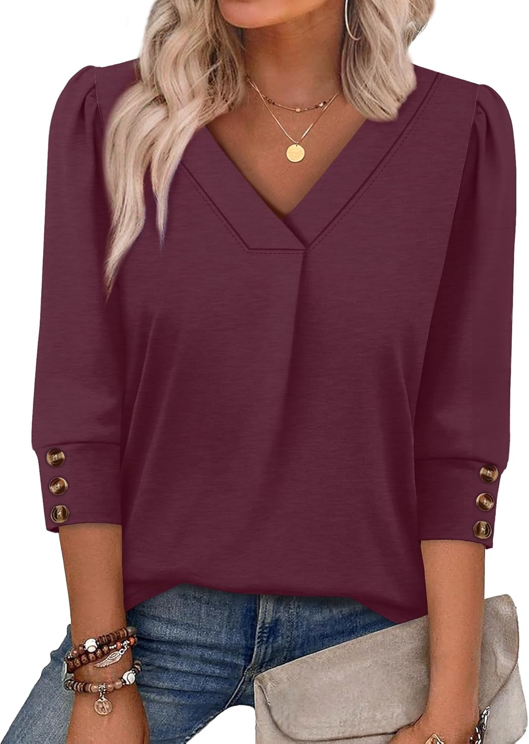 OFEEFAN Womens 3/4 Sleeve Tops with Buttons V Neck Summer Outfits Dressy Casual Blouses for Women Fashion Clothes