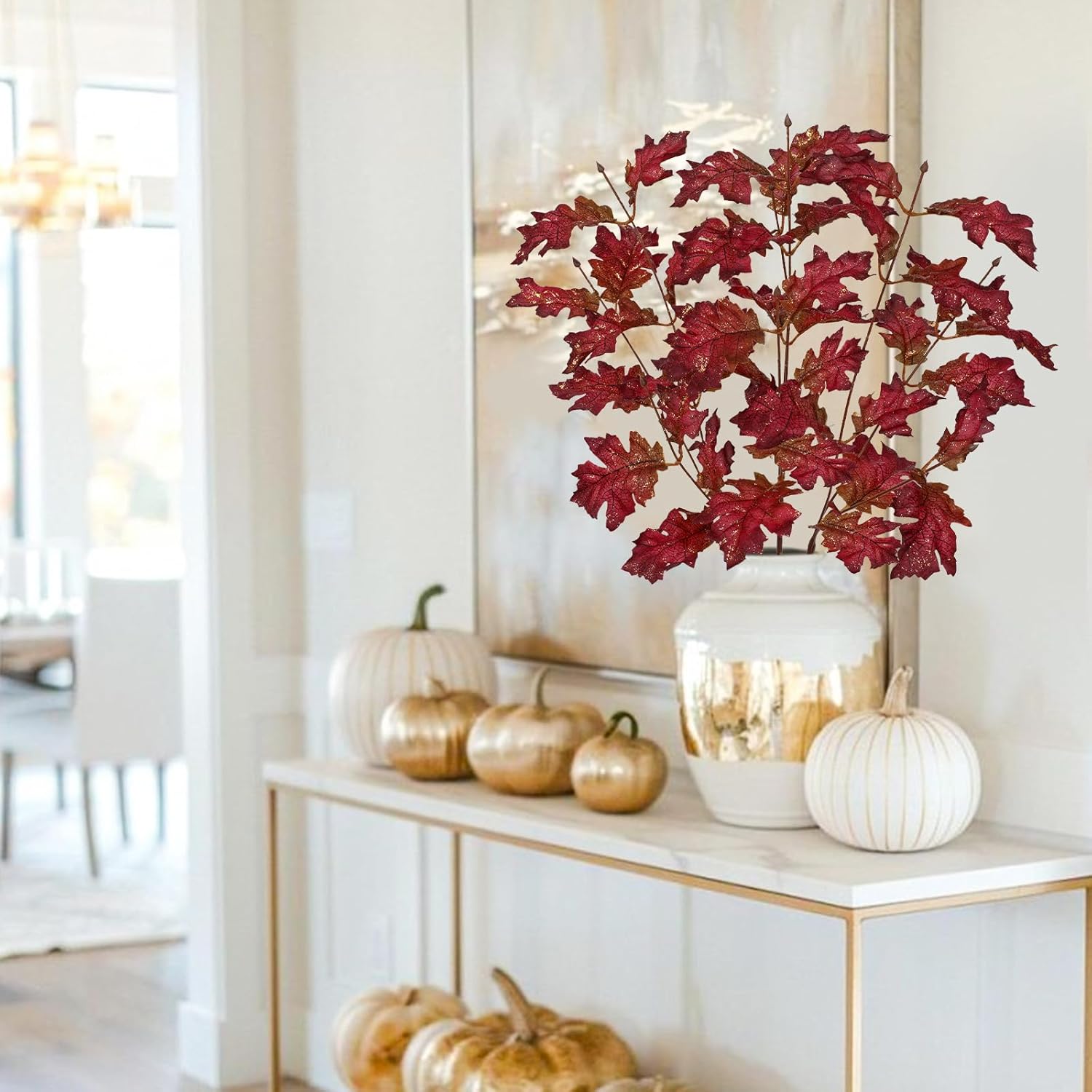 3Pcs Artificial Oak Leaves Branches Fake Fall Leaves Stems Plants Shiny Faux Oak Leaf Bushes Shrubs for Home Kitchen Decor Autumn Thanksgiving Fireplace Festival Party Decorations Red - Image 5