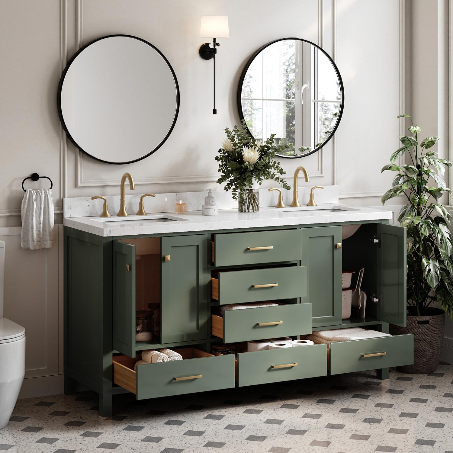 ARIEL Cambridge 66 Inch Double Rectangle Sink Bathroom Vanity with Carrara White Quartz Countertop 1.5 Inch in Vintage Green