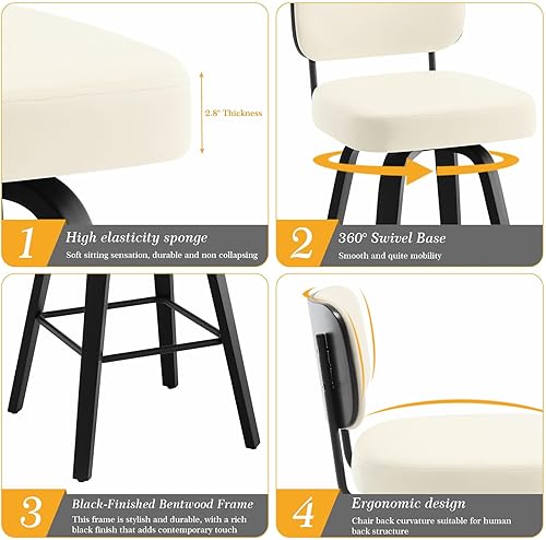 Miniatura 35 de Bekrvio Juego de 3 taburetes de bar giratorios de altura de mostrador, taburetes de bar tapizados de piel sintética con respaldo de ratán, sillas de