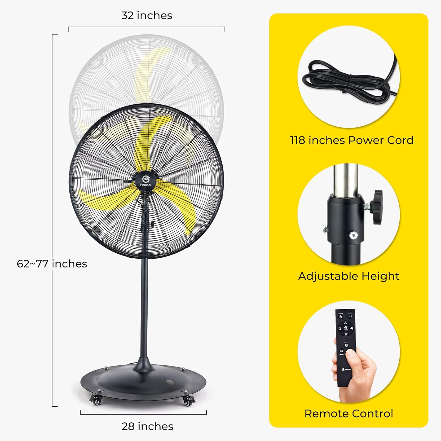 FUGOO 20'' Outdoor Quiet Oscillating Pedestal Fan With Remote Control,All Sealed BLDC Motor, 4-Speed Waterproof Outdoor Fan, Heavy Duty Industrial Fans for House,Patios, Commercial, Garage, Warehouse