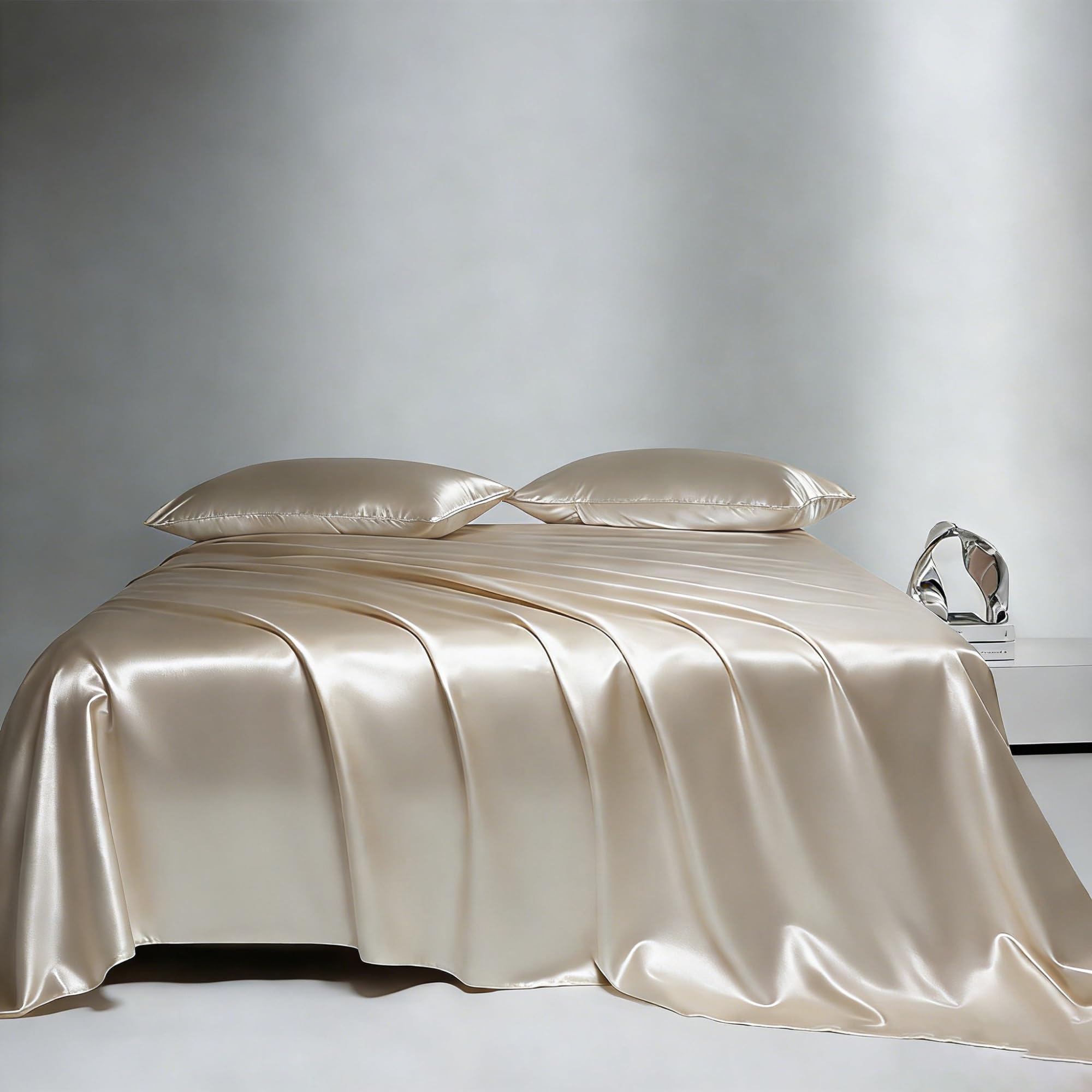 Sabanas encimeras de satén 170x230cm 230x250cm 250x250cm Sábana Plana Sedosa ultrasuave de Lujo Ropa de Cama Sedosa for el Cabello y la Piel(Light Gray A,250x250cm+48x74cm x2)
