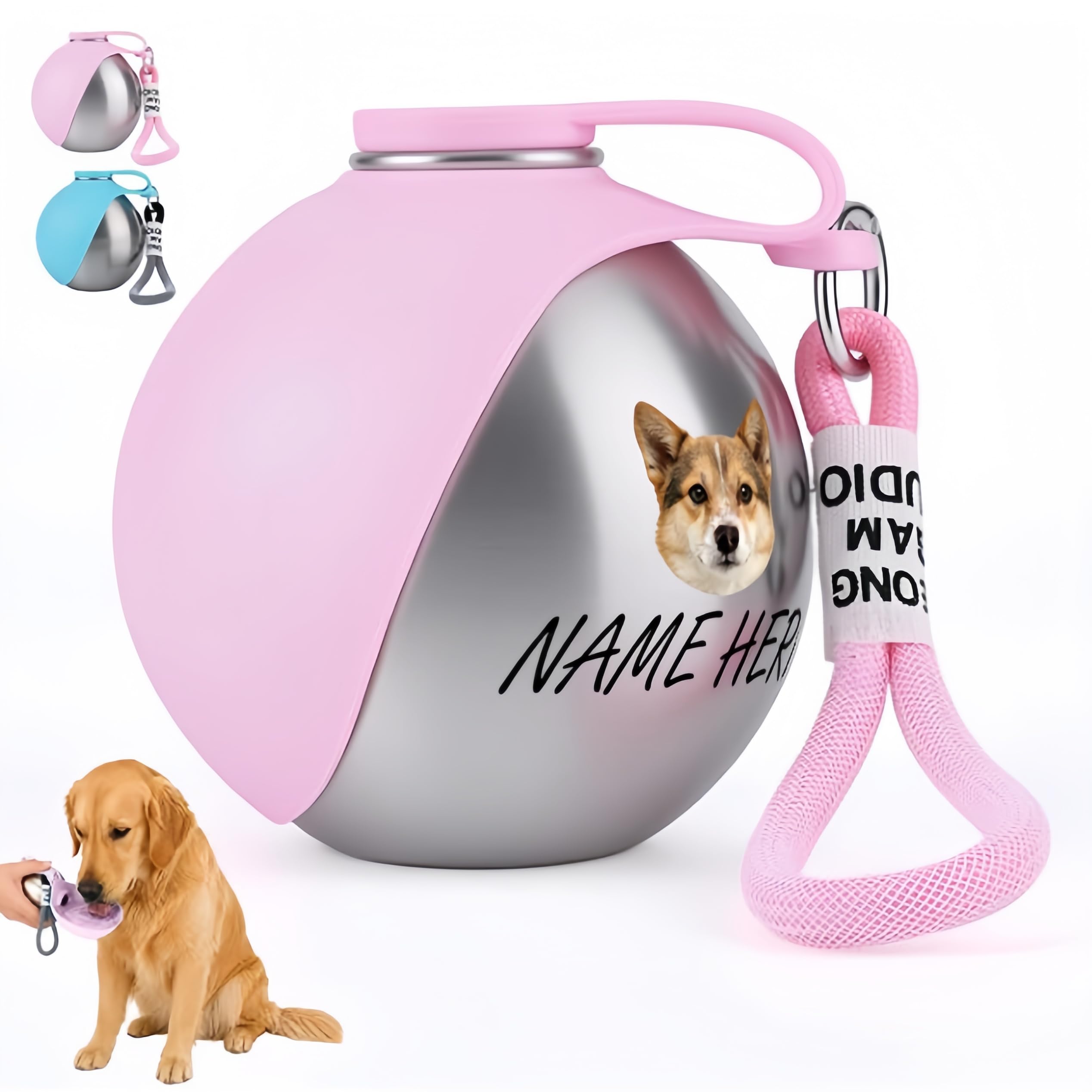 Personalised Dog Water Bottle for Walking with Photo & Name, Custom 2 in 1 Portable Pet Water Bottle, Stainless Steel Dog Travel Bottle & Silicone Bowl for Walks, Hikes, Road Trips, Park Visits (Pink)