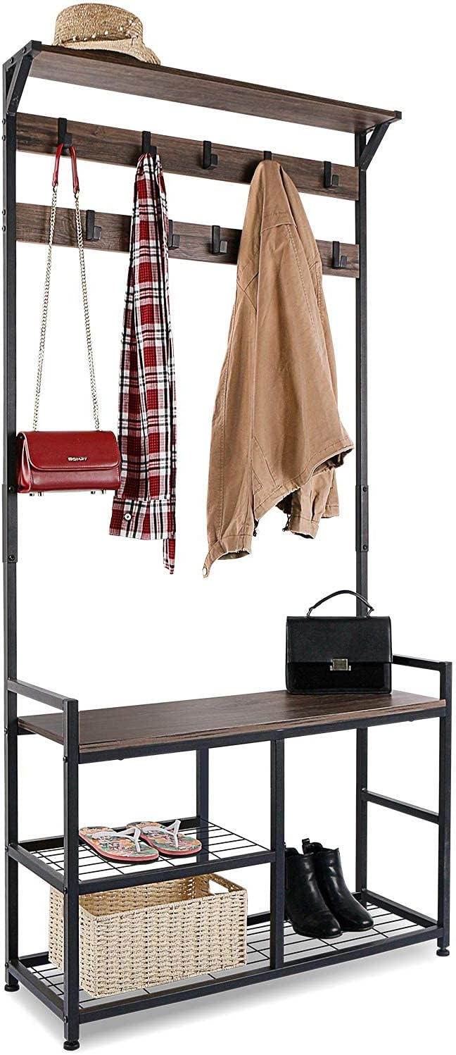 HOMEKOKO Coat Rack Shoe Bench Hall Tree Entryway Bench with Storage, Wood Look Accent Furniture with Metal Frame, 3-in-1 Design : Home & Kitchen