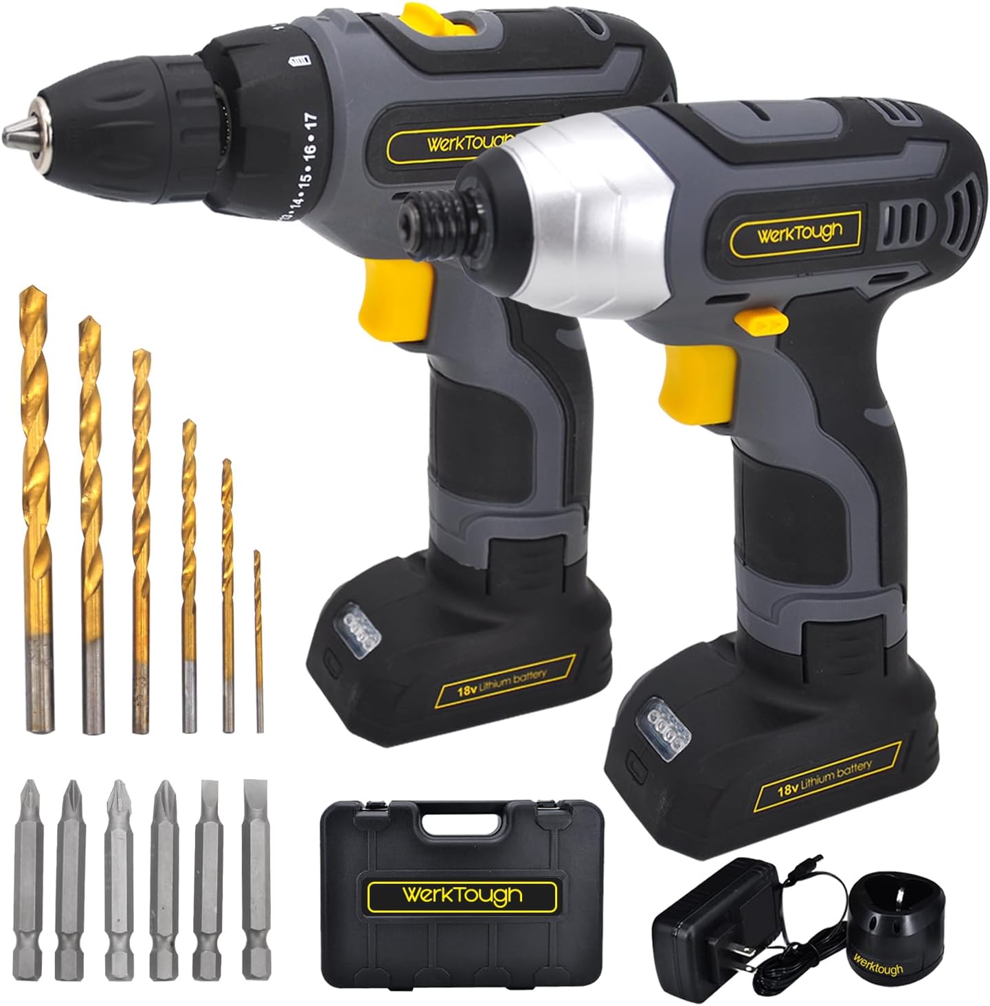 Werktough 17pcs Impact Driver Combi drill1/4″ Tool Kit Home Improvement 2 Lion BatterIies Combi Set Cordless Tools Home Repair with Fast Charger CC006 Werktough 17pcs Impact Driver Combi drill1/4″ Tool Kit Home Improvement 2 Lion BatterIies Combi Set Cordless Tools Home Repair with Fast Charger CC006
